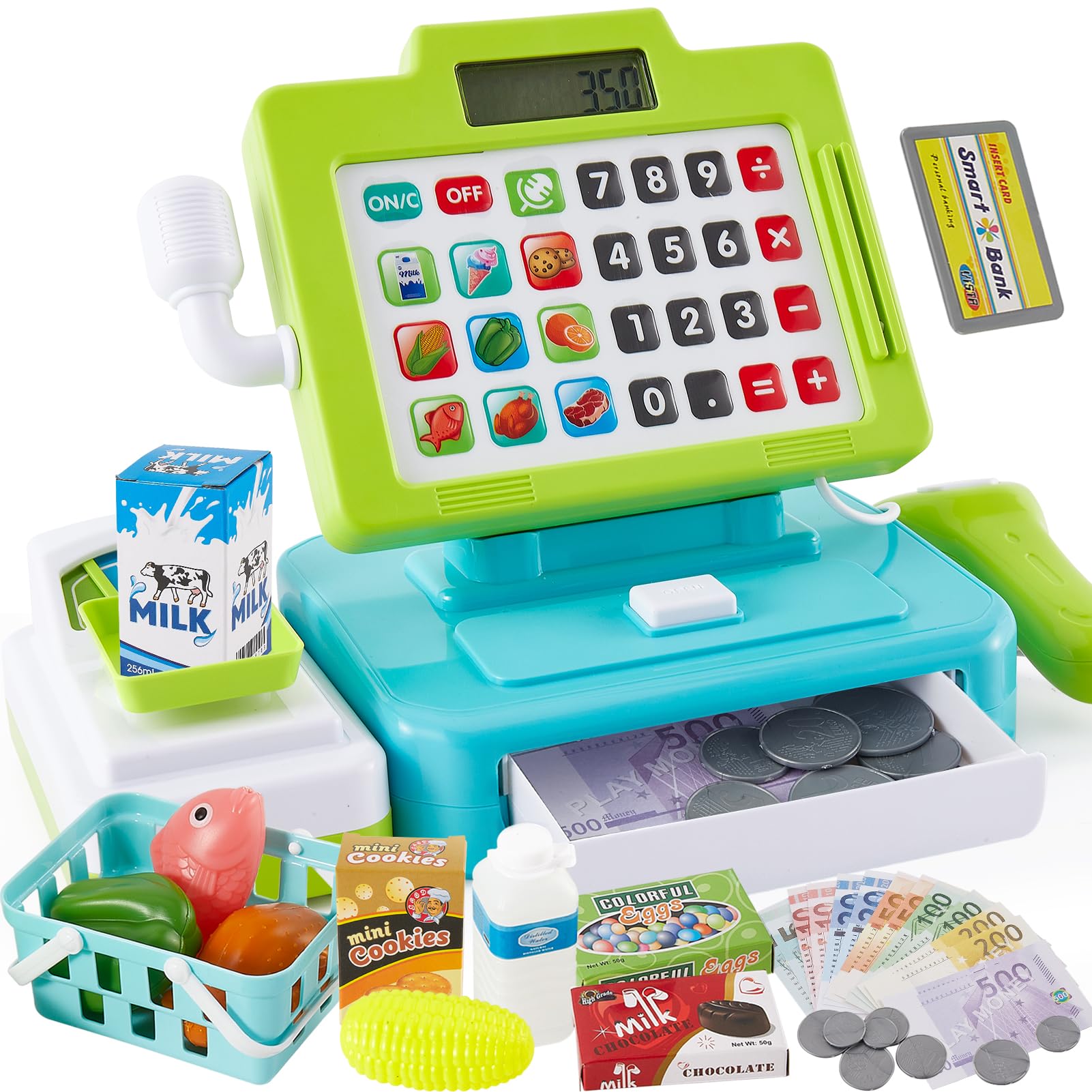 LINFUN KIDS Grande Registratore di Cassa Giocattolo Cassa Supermercato | Registratore con Microfono, Scanner di Suoni e Luci Gioco di Ruolo Regalo per Bambini Ragazze Ragazzi 2 3 4 Anni Verde