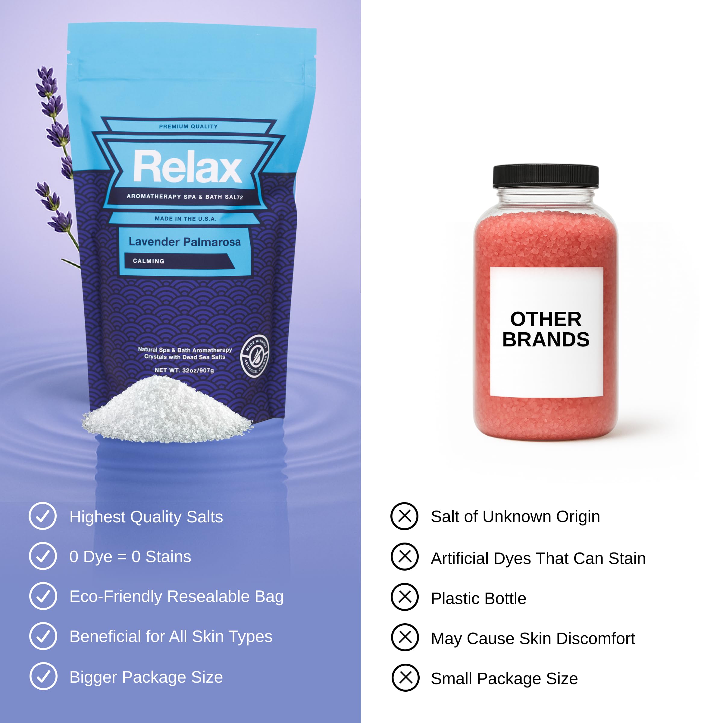 Relax Spa & Bath Sales de baño de aromaterapia para jacuzzi, baño o spa, bolsa de 0,9 kg infundida con magnesio, sal de baño para remojo, aroma de lavanda palmarosa