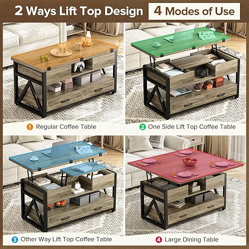 Miniatura 3 de Mesa de centro elevable de 40 pulgadas, mesas auxiliares elevadoras multifunción 4 en 1 con cajones de almacenamiento y compartimentos ocultos, mesa