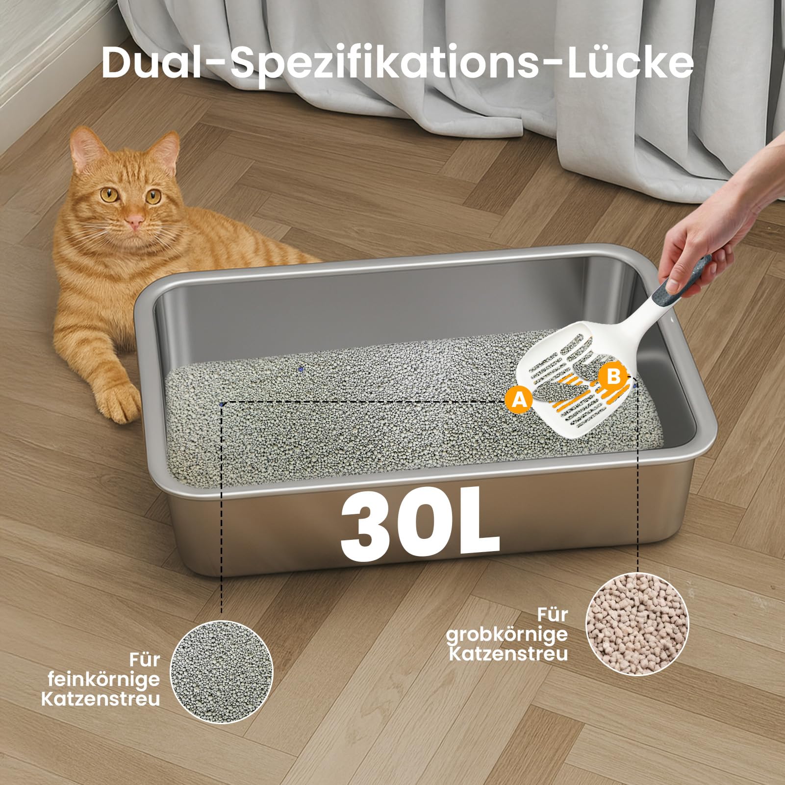 Youyijia XXL Katzentoilette Edelstahl, großem Metall-Streubehälter, 30L Katzentoilette mit spritzwassergeschützt Deckel, Streumatte und Streuschaufel, große und mittelgroße Katzen, 59,5 x 39,5 x 30 cm
