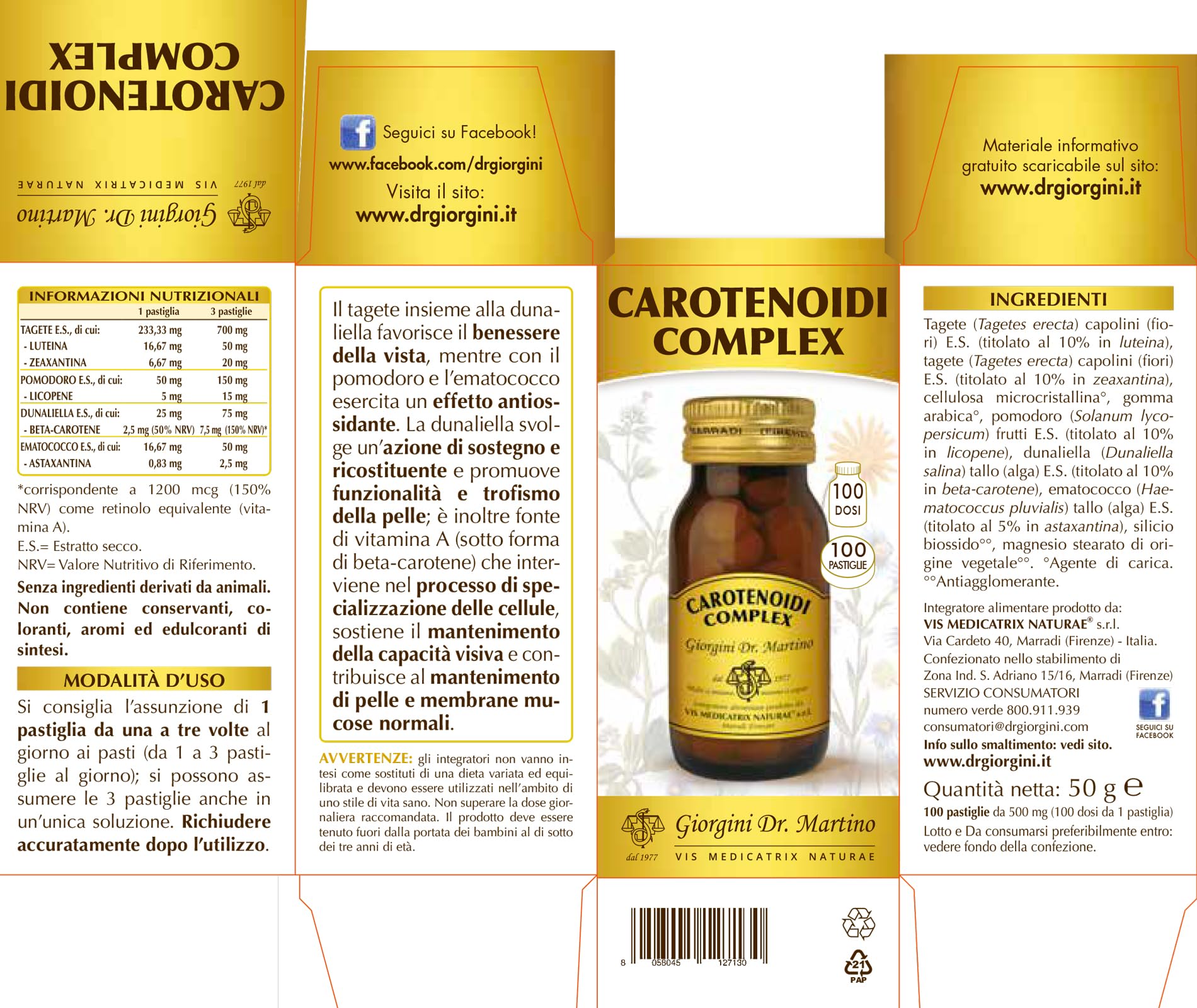 CAROTENOIDI COMPLEX pastiglie - 50 g (integratore contenente luteina e zeaxantina, a base di tagete e dunaliella per il benessere della vista)
