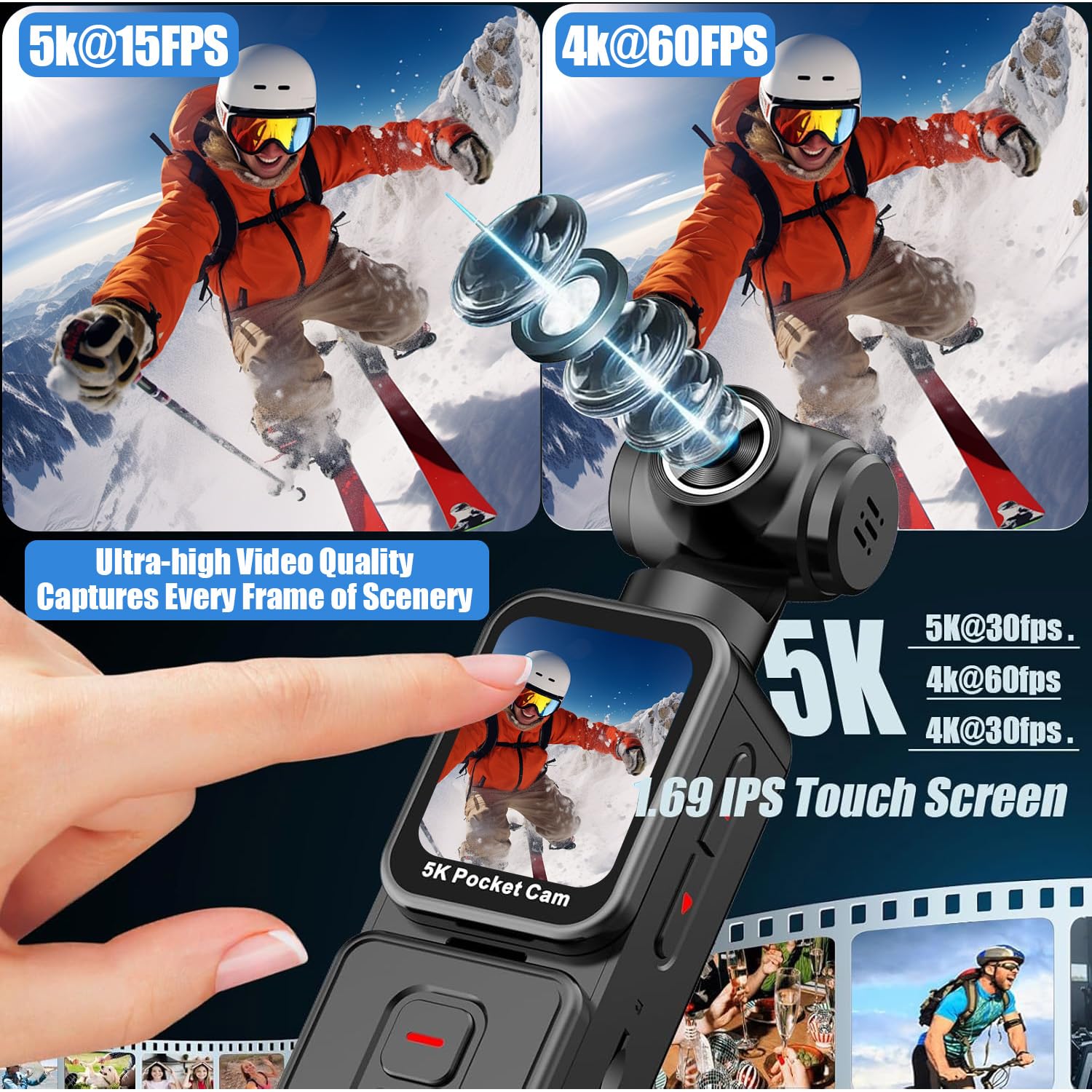 5K Handheld Action Camera, Portable Pocket Vlogging Camera with Image Stabilization, 270° Rotatable Wide-Angle Lens, Rotating Touchscreen, WiFi, Remote & App Control for Travel Sports (128G) — view 9