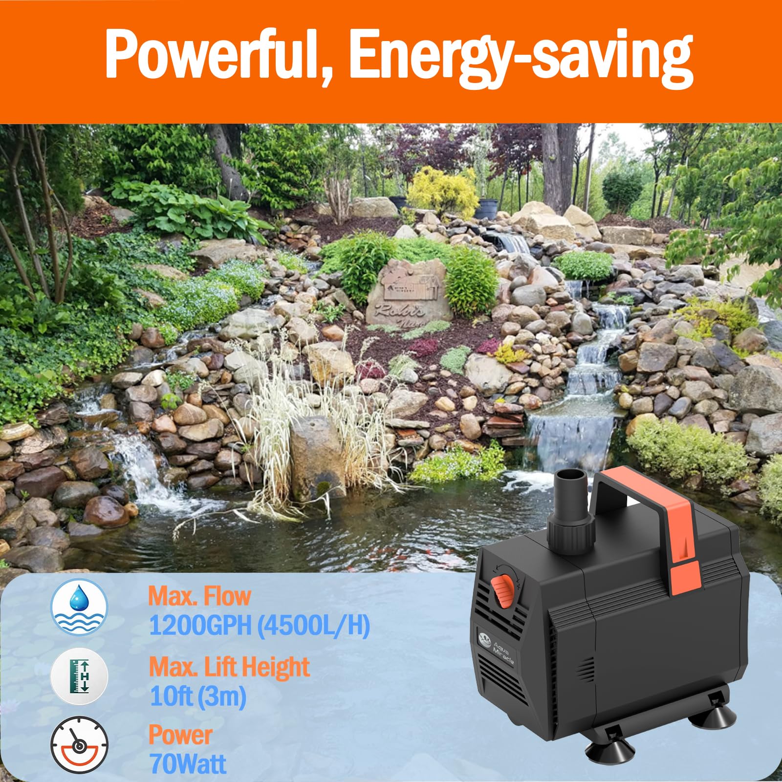AquaMiracle 1200 GPH Submersible Water Pump (4500L/H, 70W) For Ponds, Fountains, Waterfalls