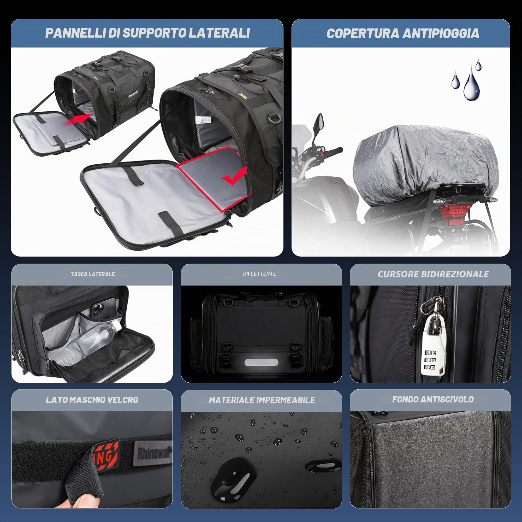 BAIGIO Borsa da sella moto 40-60L impermeabile estensibile riflettente per moto turismo ADV, standard, cruiser, scooter, auto, campeggio