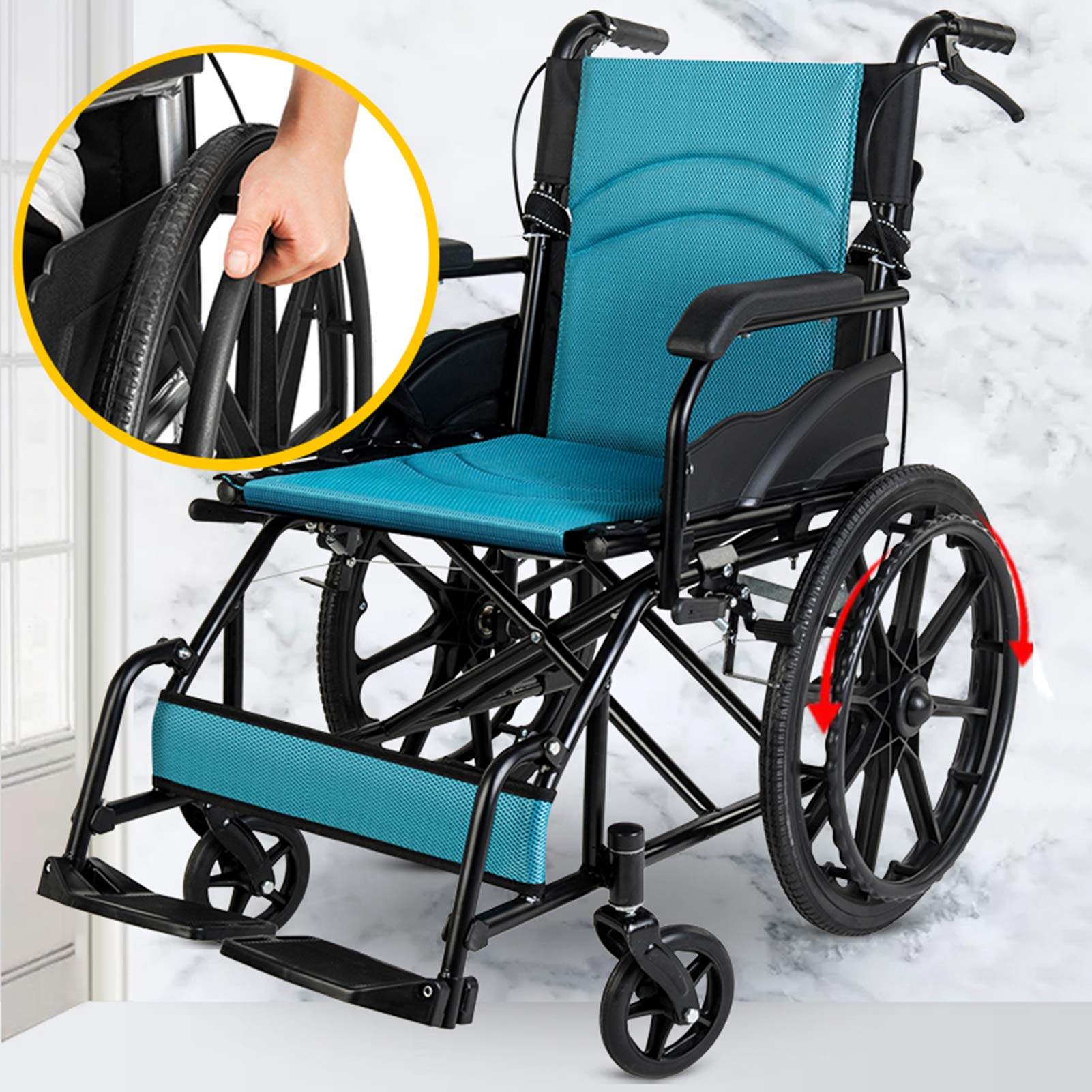 Sillas de Ruedas Ligeras,Silla de Ruedas de Aluminio Autopropulsable, Silla de Ruedas Manual Ligera Plegable de Aleación de Aluminio/Blue