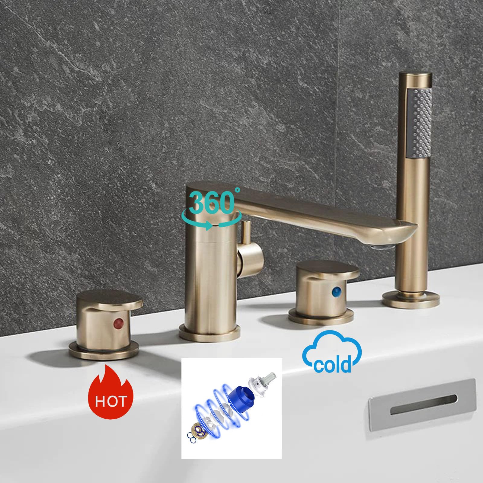 Grifo Mezclador de Ducha Y Bañera de 4 Orificios Retráctil con Rotación de 360° para Agua Caliente Y Fría de Latón Acabado Dorado Cepillado
