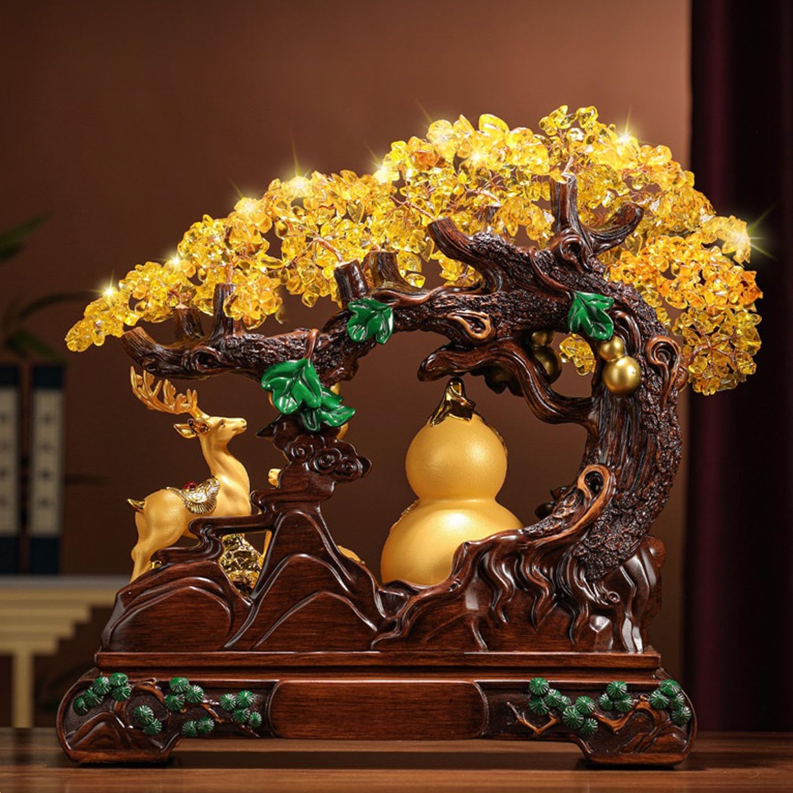 Ozdoby Lucky Calabash Cytryn Kryształowe Drzewo - Figurki z muszli bogactwa i jelenia dla przyciągania bogactwa, element dekoracyjny Feng Shui do domu lub biura Drzewo pieniędzy (żółty, duży)