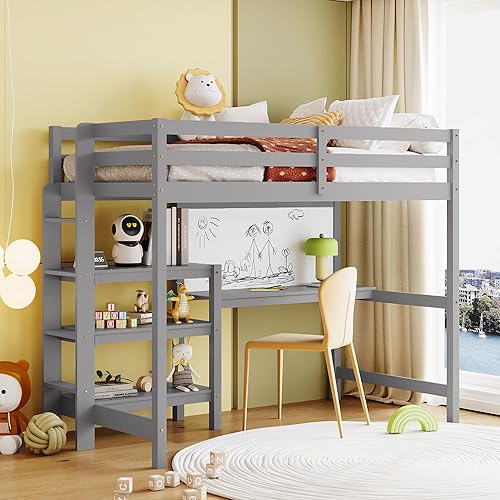 Harper & Bright Designs Twin Size Loft Bed with Desk and Bookshelf, Wooden Loft Bed Frame with Storage and Writing Board - Gray