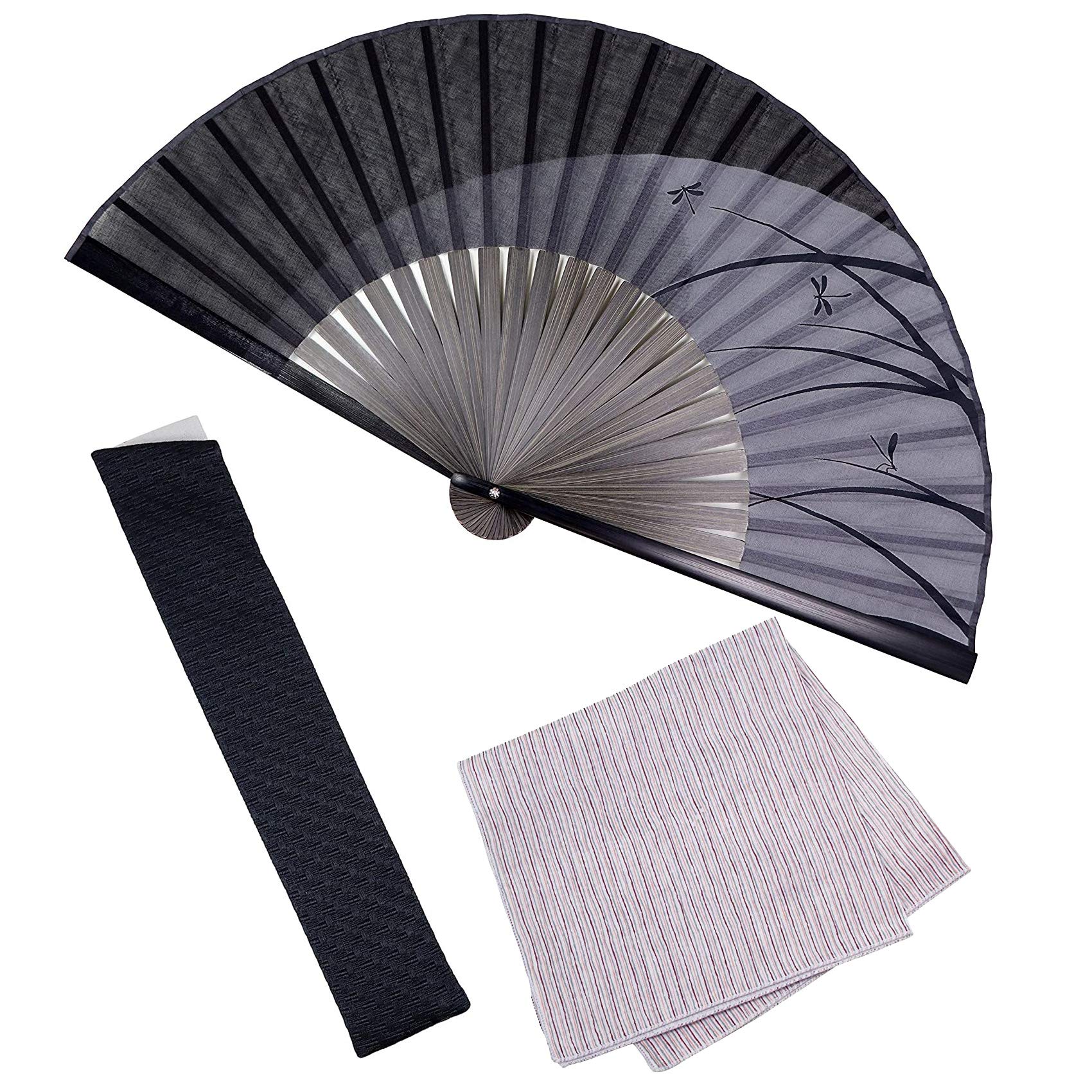 Osaka Choseido Folding Fan, Men's, Stylish, Business, Folding Bag, Handkerchief Included, Set, Black : Clothing, Shoes & Jewelry