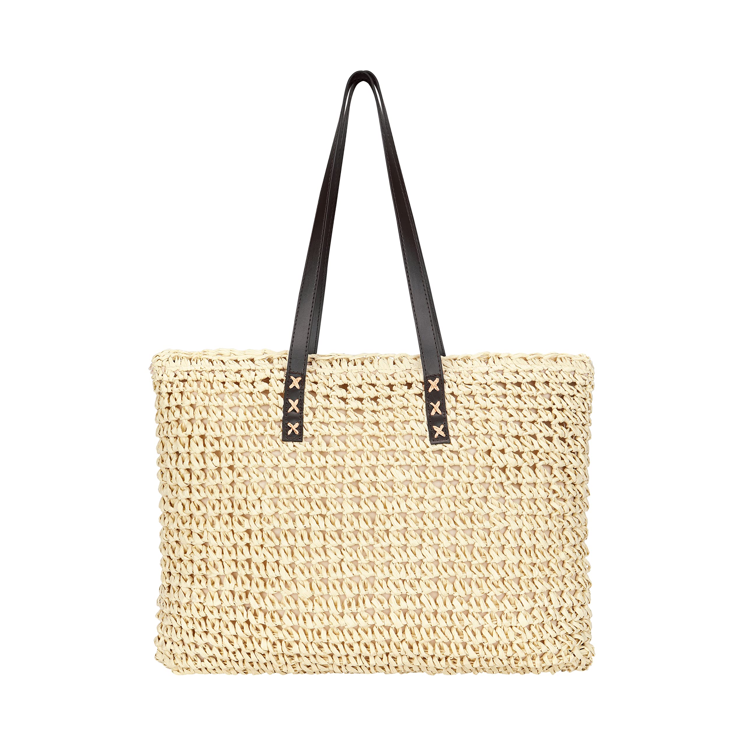 VODIU Women's Handmade Straw Woven Tote Bag,Large Zip Beach Woven Handbag for Summer