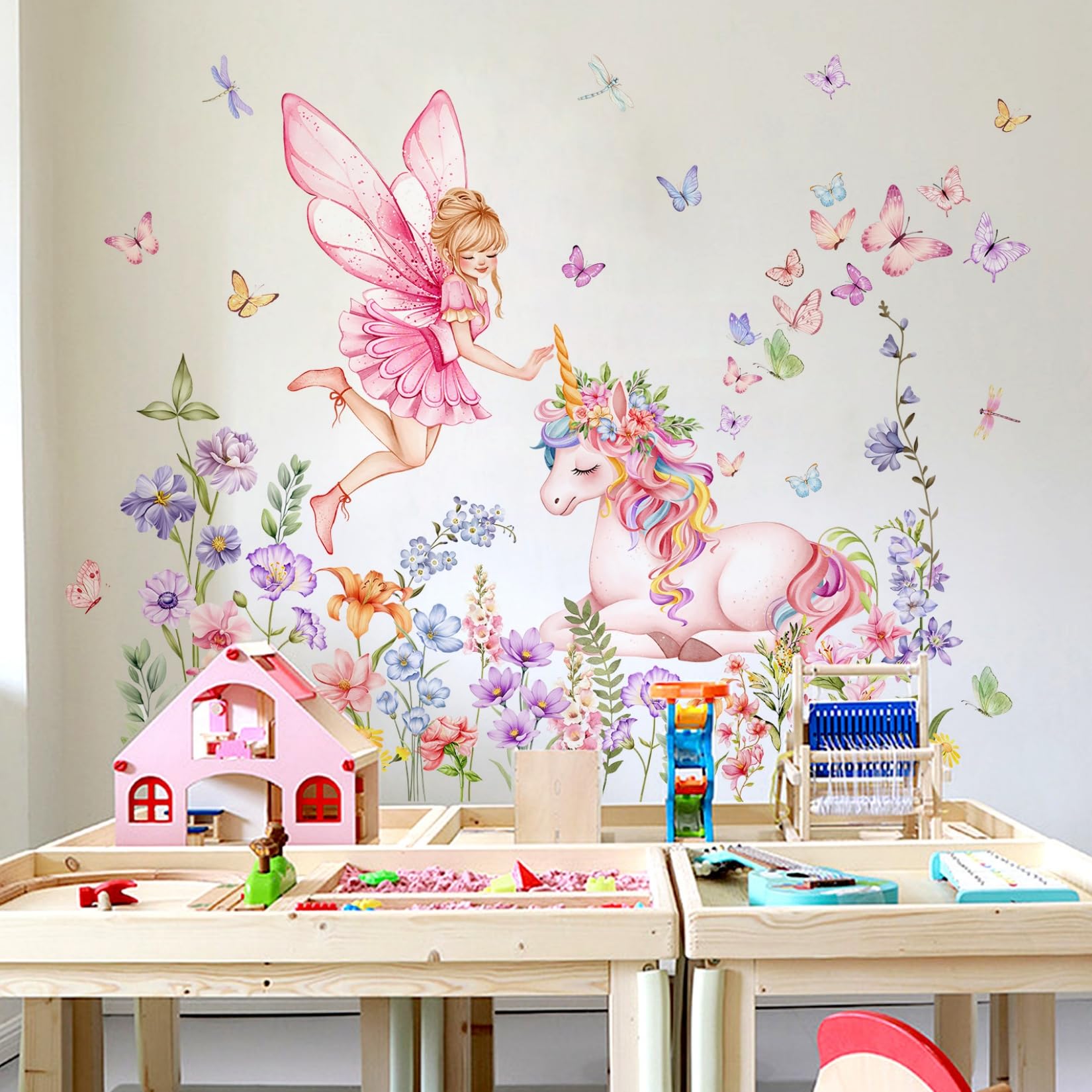 Wofeu Pink Unicorn Fairy Wall Decals for Girls, Colorful Butterfly Purple Flower Wall Stickers, Peel and Stick Removable PVC Vinyl for Bedroom Living Room Nursery Home DIY Decor