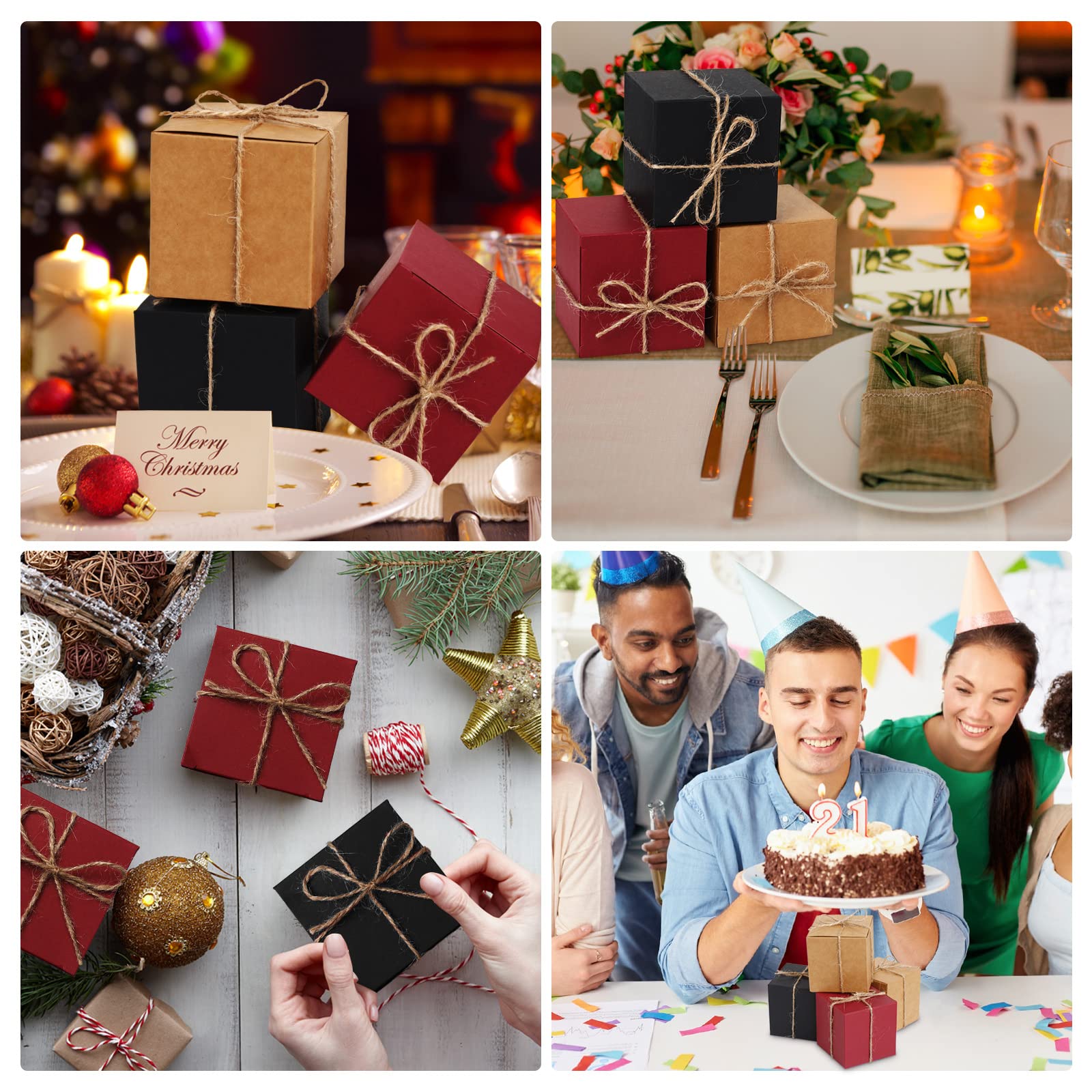 60 Stück kleine Geschenkboxen, 7.6x7.6 cm, Weihnachtsboxen mit Schnur, Kerzenboxen, Verpackung, quadratische Kraftboxen für Weihnachtsgeschenke, Hochzeit, Geburtstag, Brautjungferantrag, Rot, Schwarz