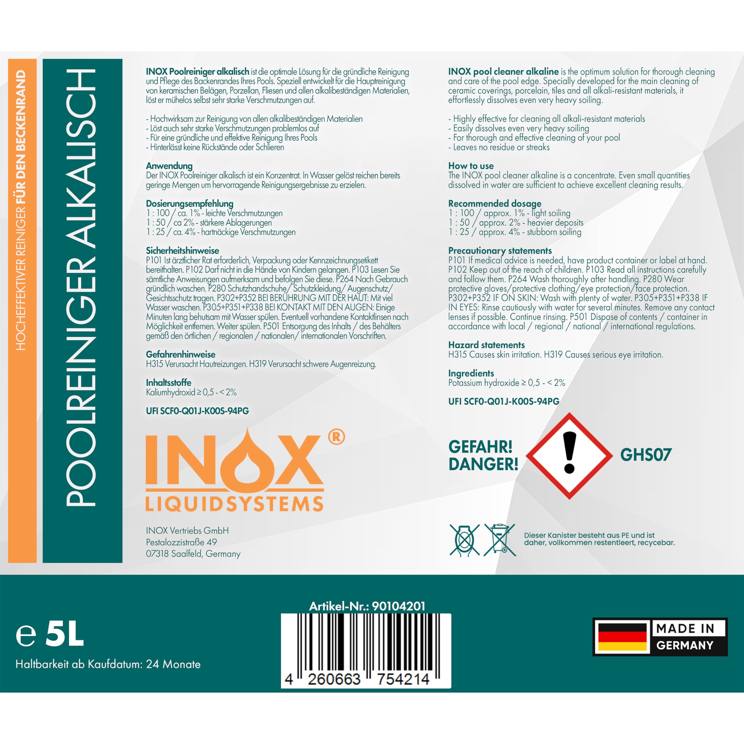 INOX® Pool Randreiniger alkalisch 5L | Hocheffektiver Beckenrandreiniger für Poolfolie, Fliesen & Keramik | Poolrand Reiniger für Folienpools & Kunststoffbecken