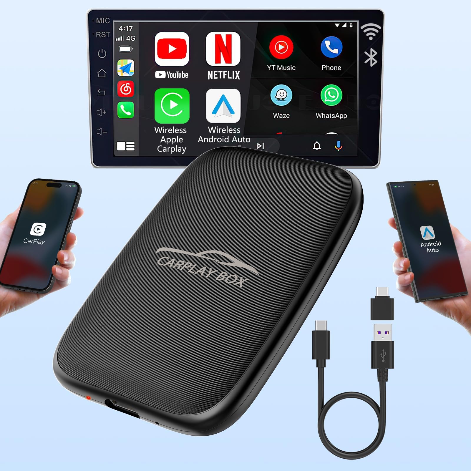 2-in-1 Wireless CarPlay and Android Auto Adapter for Factory Wired CarPlay Cars - CarPlay Dongle with Built-in Netflix and YouTube - Convert Wired to Wireless CarPlay Adapter