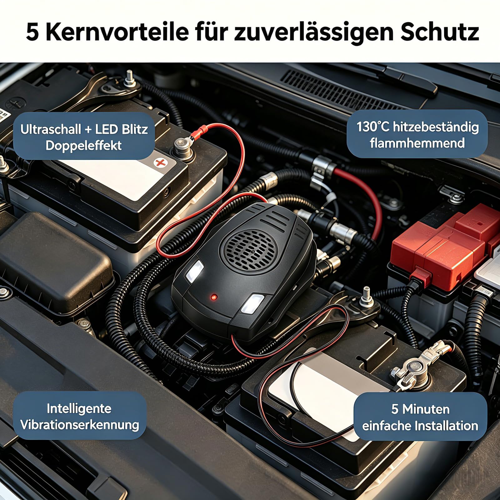 Ultraschall Marderabwehr für Auto Motorraum, Autobatteriebetriebene Marderabwehr im Ultraschall, Ultraschall 12V mit LED Blitzlicht Effektive Vertreibung gegen Mäuse: Hält Ratten und Mäuse von Autos