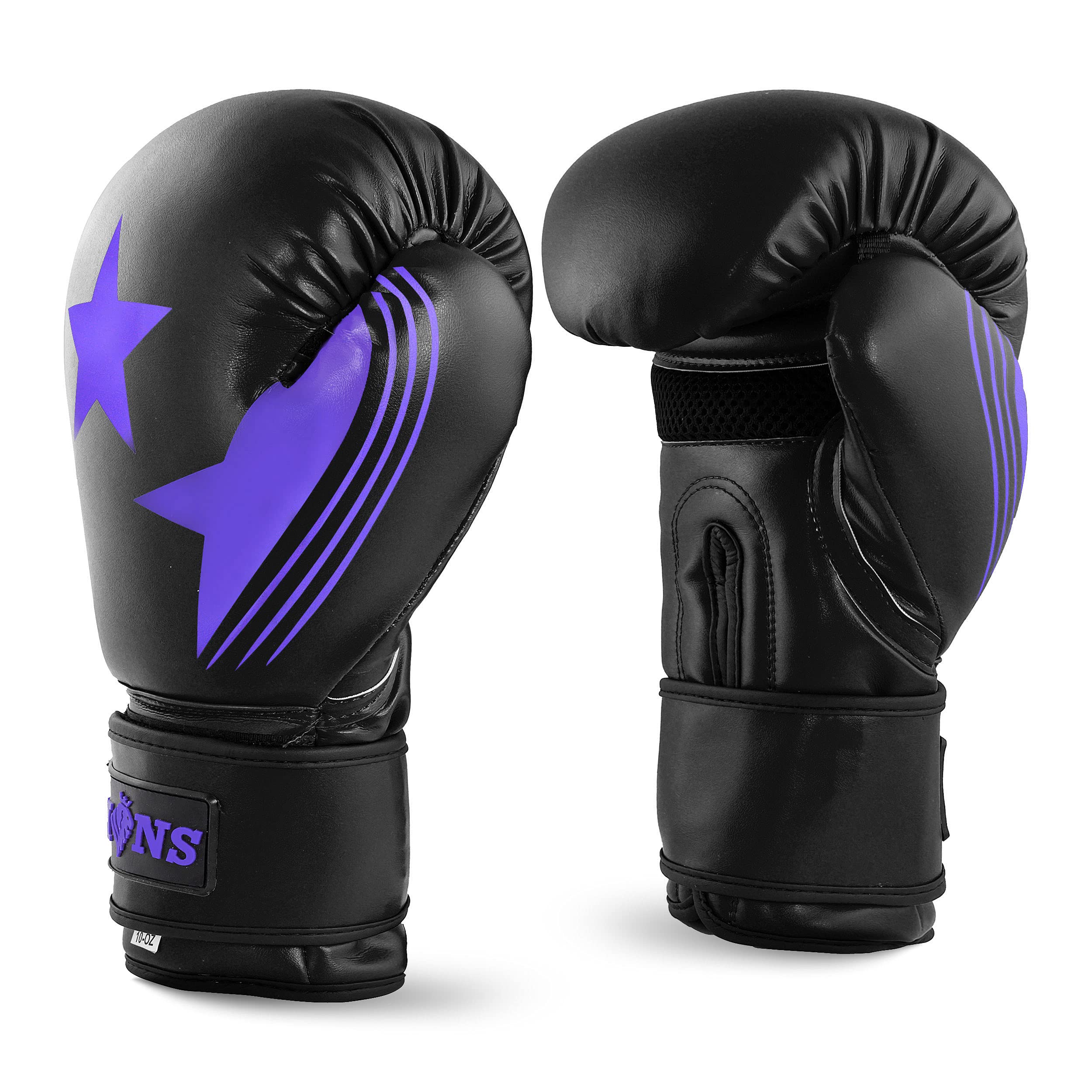 Lions 10oz Boxing Gloves - Premium Rex Leather, Perfect for MMA Training Kickboxing Gloves, Punching Bag Focus Mitts, Muay Thai Boxing Gloves for Men Women Adults (Purple, 10oz)