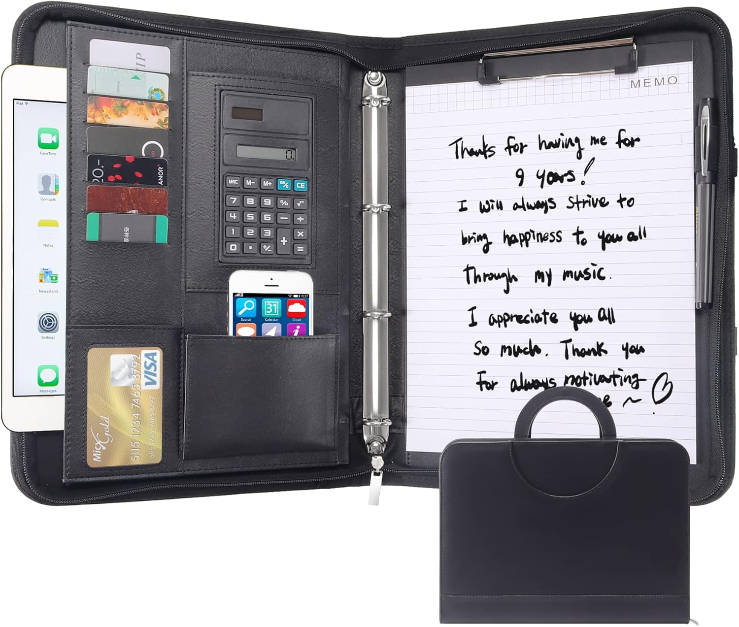 Zipped Portfolio Binders for Men and Women - Leather Padfolio Business Planner Notebook Organizer with Zipper and Calculator- Holder for Tablet, Documents, Cards, Notebook, Notepad