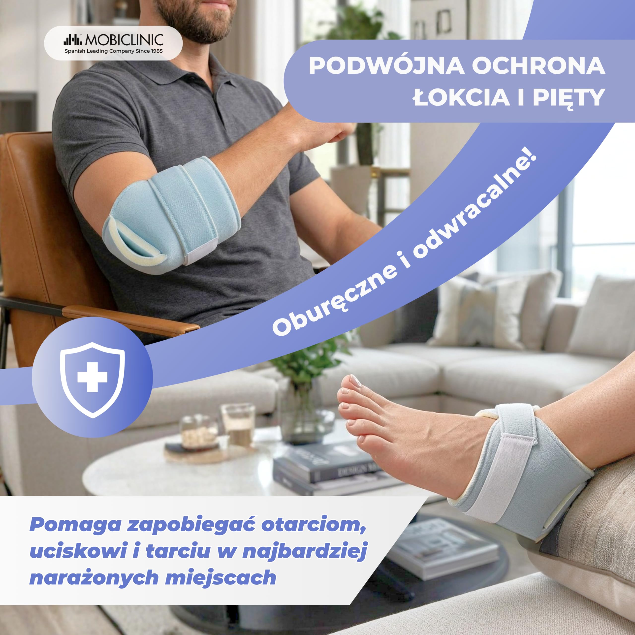 Mobiclinic, Podkładki pod łokieć i piętę, Lewy prawy pakiet, Łokieć, Pięta, Marka europejska, Zapobieganie odleżynom, Bawełna, Jeden rozmiar, Regulacja, Można prać, Niebieski