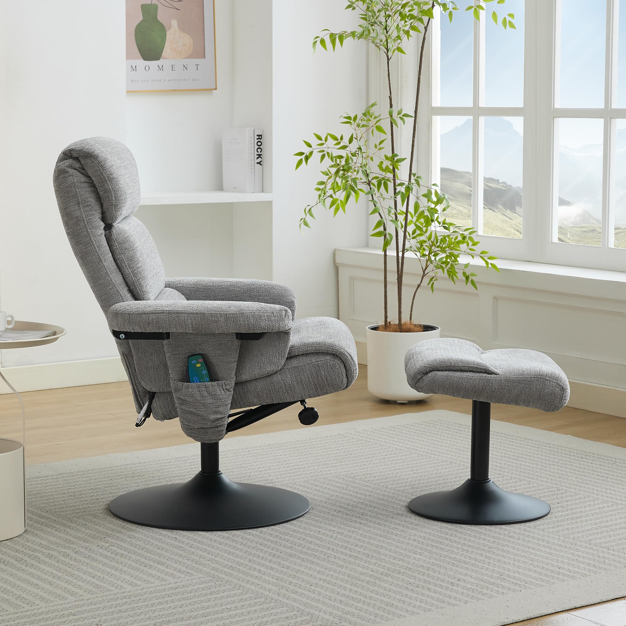Sillón de relax reclinable con masaje de 5 puntos, sillón y taburete giratorio 360°, tela de chenilla gris