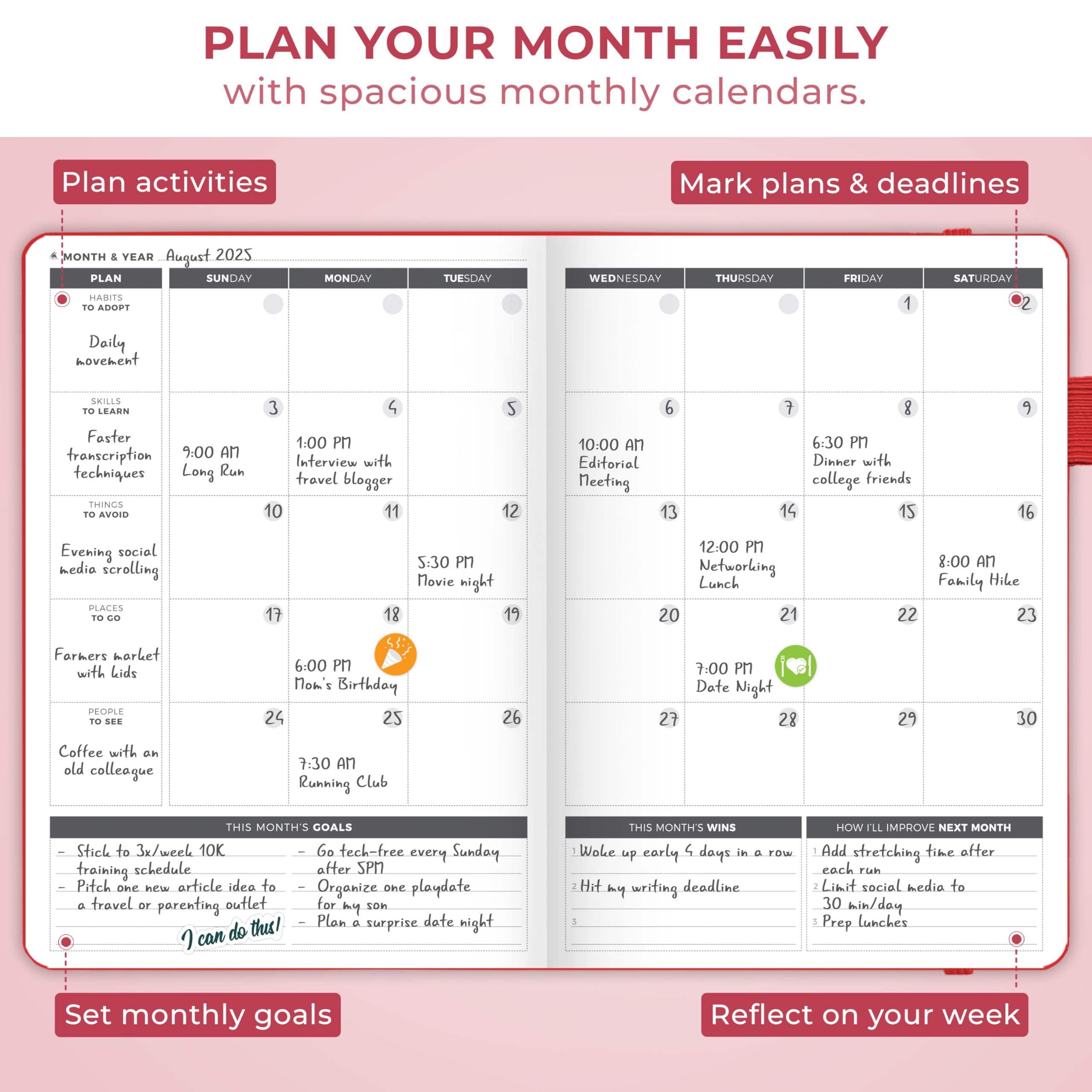 Clever Fox Planificador semanal y mensual sin fecha para productividad, gestión del tiempo y objetivos, diario organizador (rojo, más pequeño que A4 (7 x 10 pulgadas)