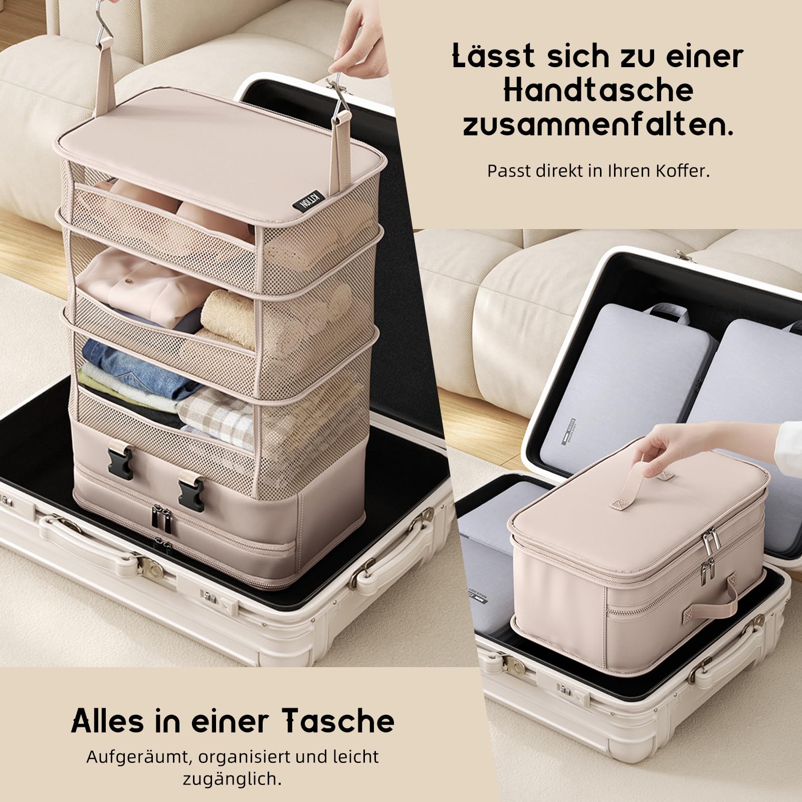 ACESOME Compression Koffer Organizer, 5 Schichten, Polyester, Beige-Pink, mit Haken und Reißverschluss, Camping Organizer Hängend, Faltbar Regal Handgepäck, Großes Fassungsvermögen