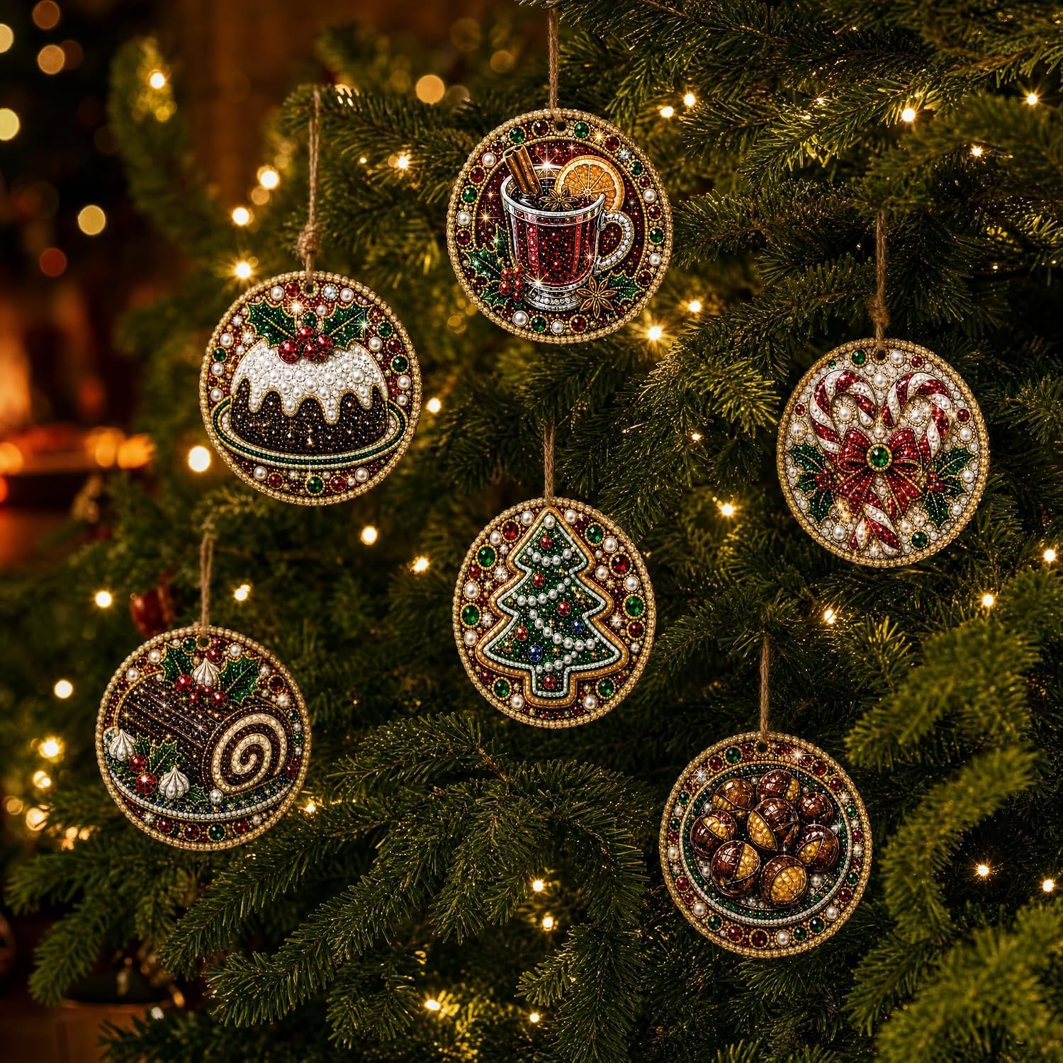 BibHoly 6PCS Christmas Wooden Ornaments DIY Pearl Diamond Painting Kit (#N)