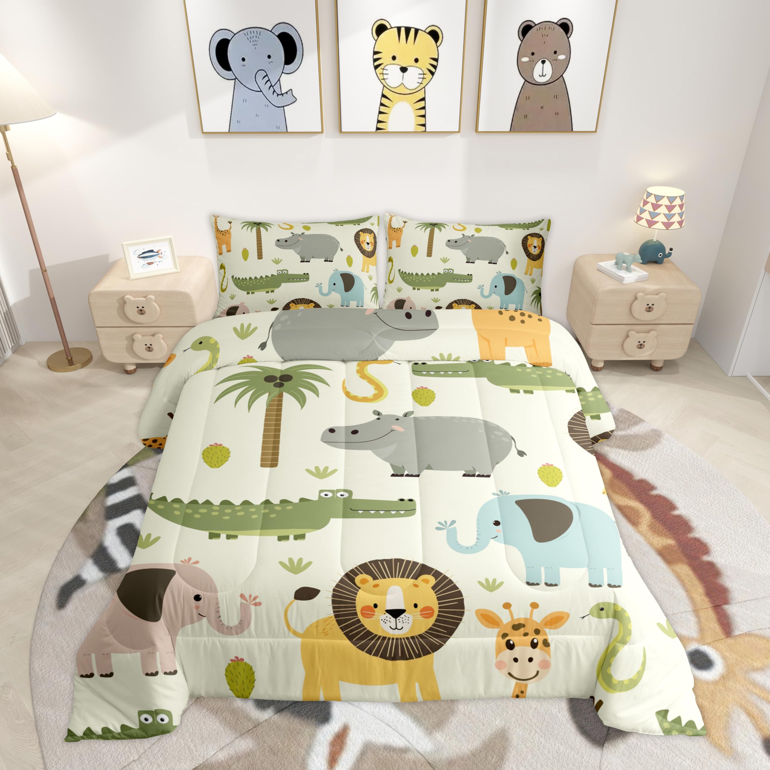 Feelyou Nursery Cute Wild Animals Bedding Set for Girls Boys Child Kids Cartoon Lion Giraffe Crocodile Comforter Decor Nature Wildlife Comforter Set