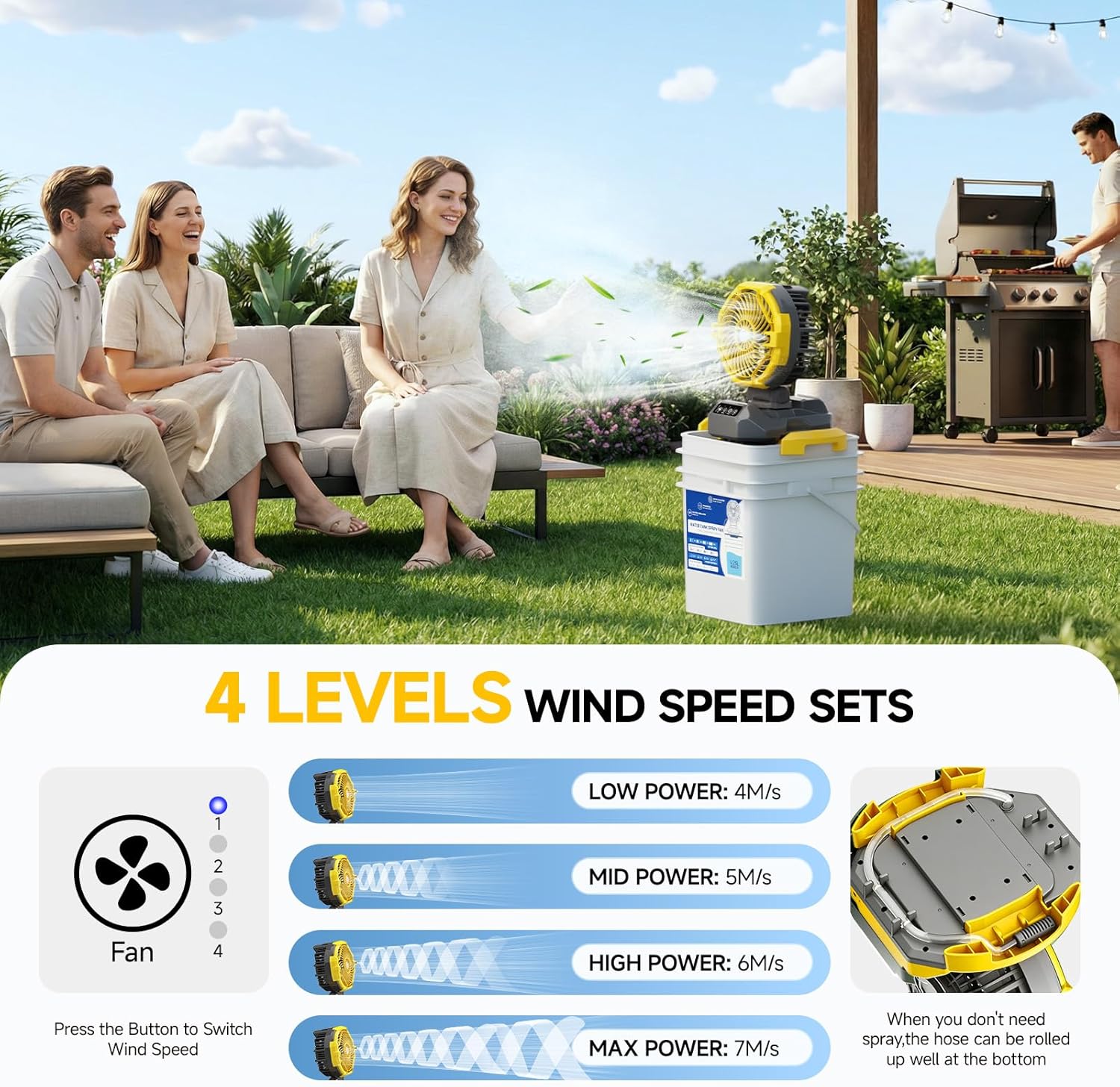 Portable Misting Fan with 25L Bucket, 30000mAh Rechargeable Battery Powered Floor Cooling Fan with 4 Strong Winds & 4 Spray Mister, Outdoor Oscillation Fans for Camping/Patios/Beach/Worksite (Yellow)