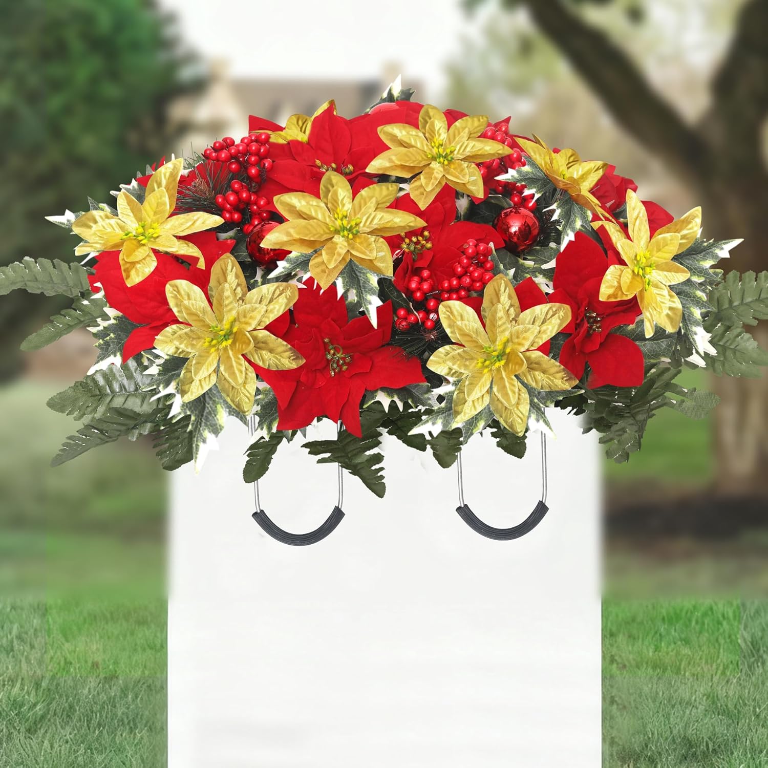 Lodou Christmas Cemetery Flowers Saddle - Red Poinsettias & Berries Plastic Grave Memorial Decor, Fade-Resistant for 60-90 Days, Weatherproof (Red White)
