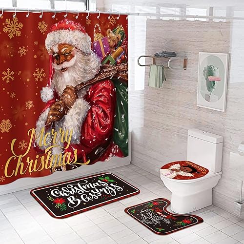 Juego de cortina de ducha de Navidad de Papá Noel, 72 x 72 pulgadas, cortina de baño de Navidad con 12 ganchos antideslizante, cubierta para tapa de