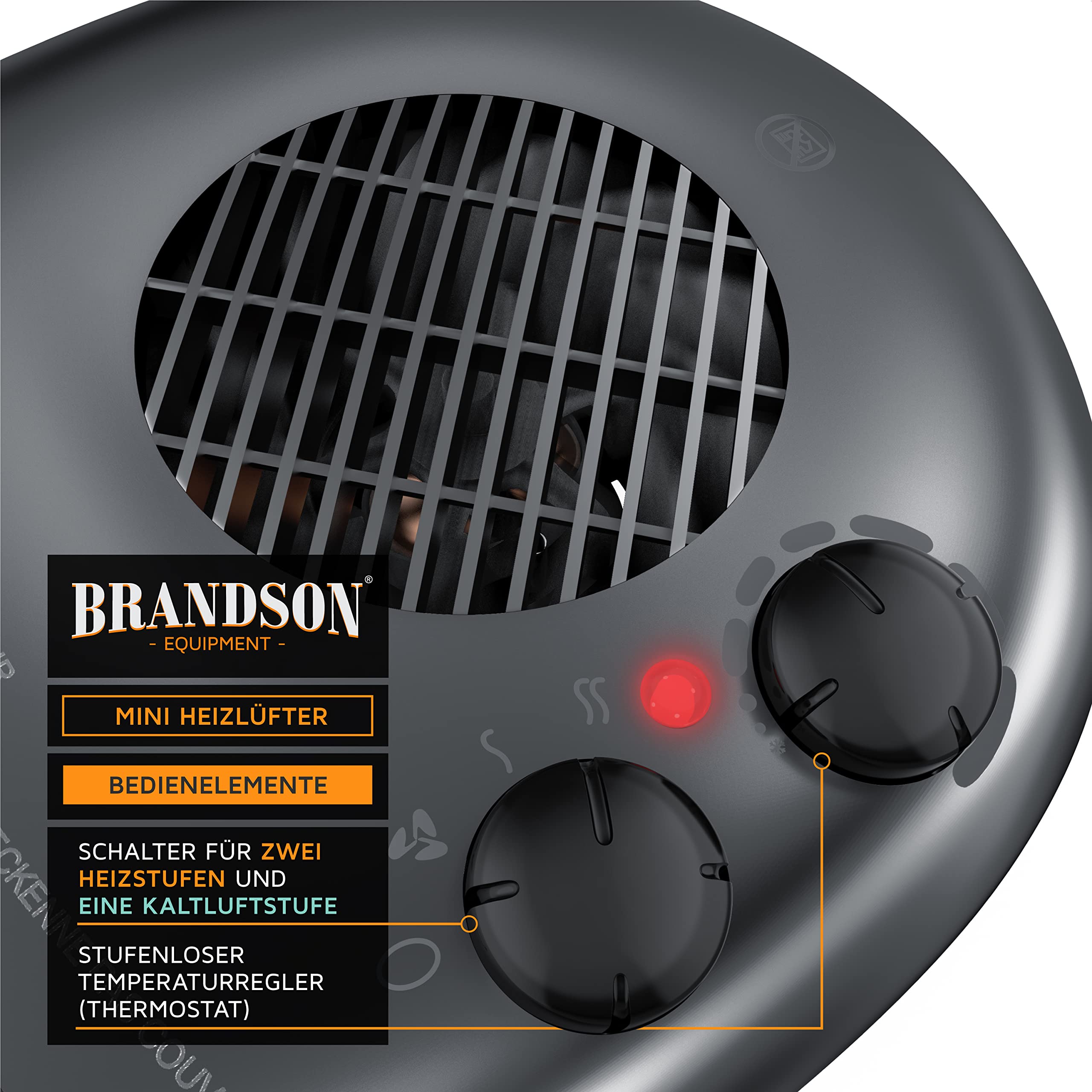 Brandson - Heizlüfter energiesparend leise - 3 Leistungsstufen - Heizlüfter Bad mit Thermostat - Betriebsanzeige - 2000W - geräuscharm energieeffizient - Überhitzungsschutz, automatische Abschaltung