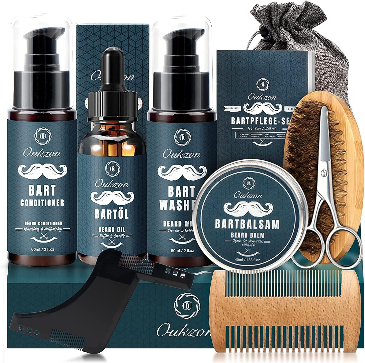 Beard Grooming Kit for Men, 10 in 1 Beard Trimming Gift Set with Beard Shampoo, Beard Conditioner, Beard Oil, Balm, Beard Comb,Brush, Scissors, Beard Shaper and Storage Bag -Mens Beard Growth Care Set