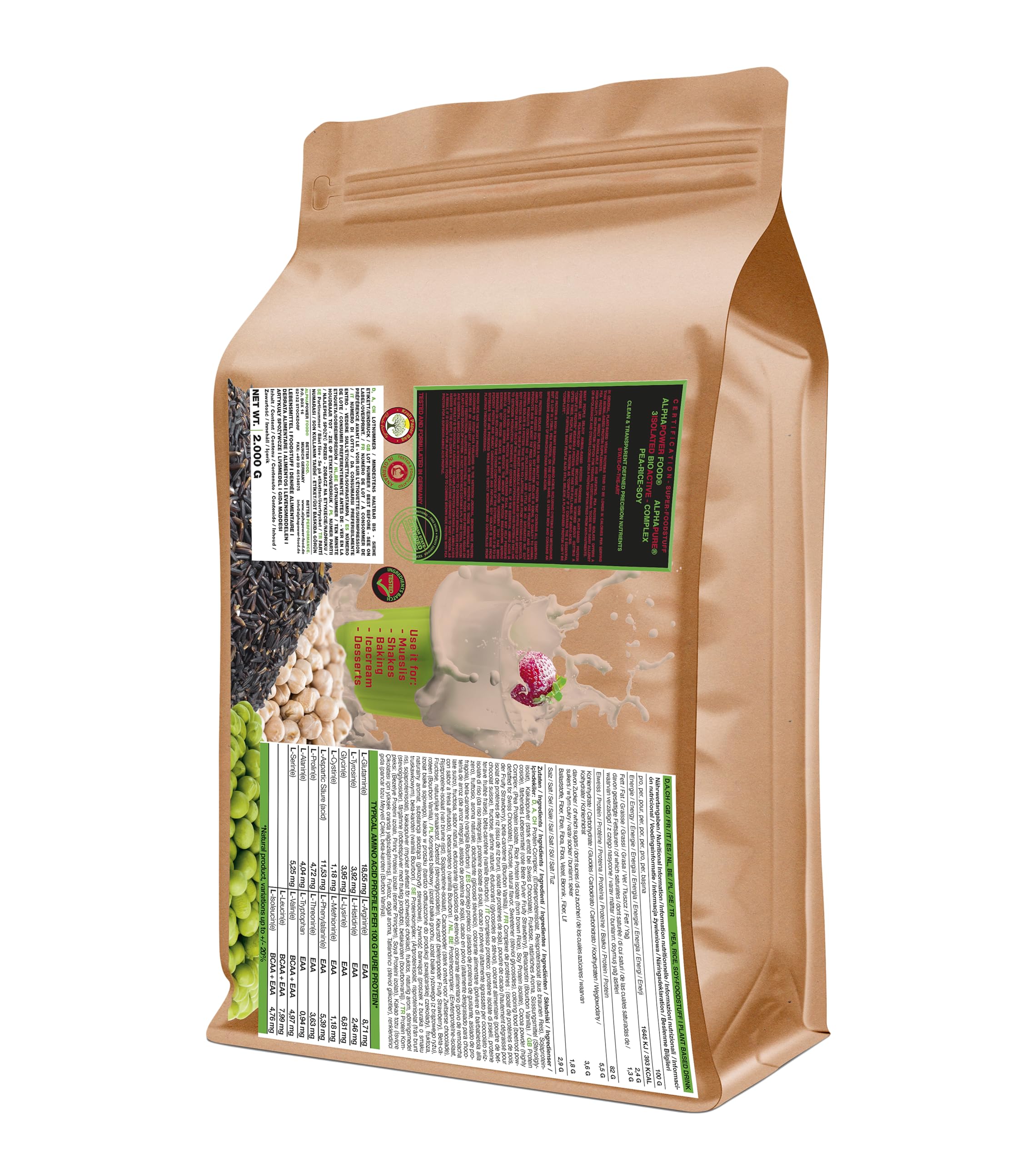 Veganes pflanzliches laktosefreies Proteinpulver, Eiweiss Protein Pulver Shake I ohne künstliche Süßungsmittel, Zucker I brauner Reis, Erbsen, Soja Isolat I 2kg natürliches Schweizer Schoko
