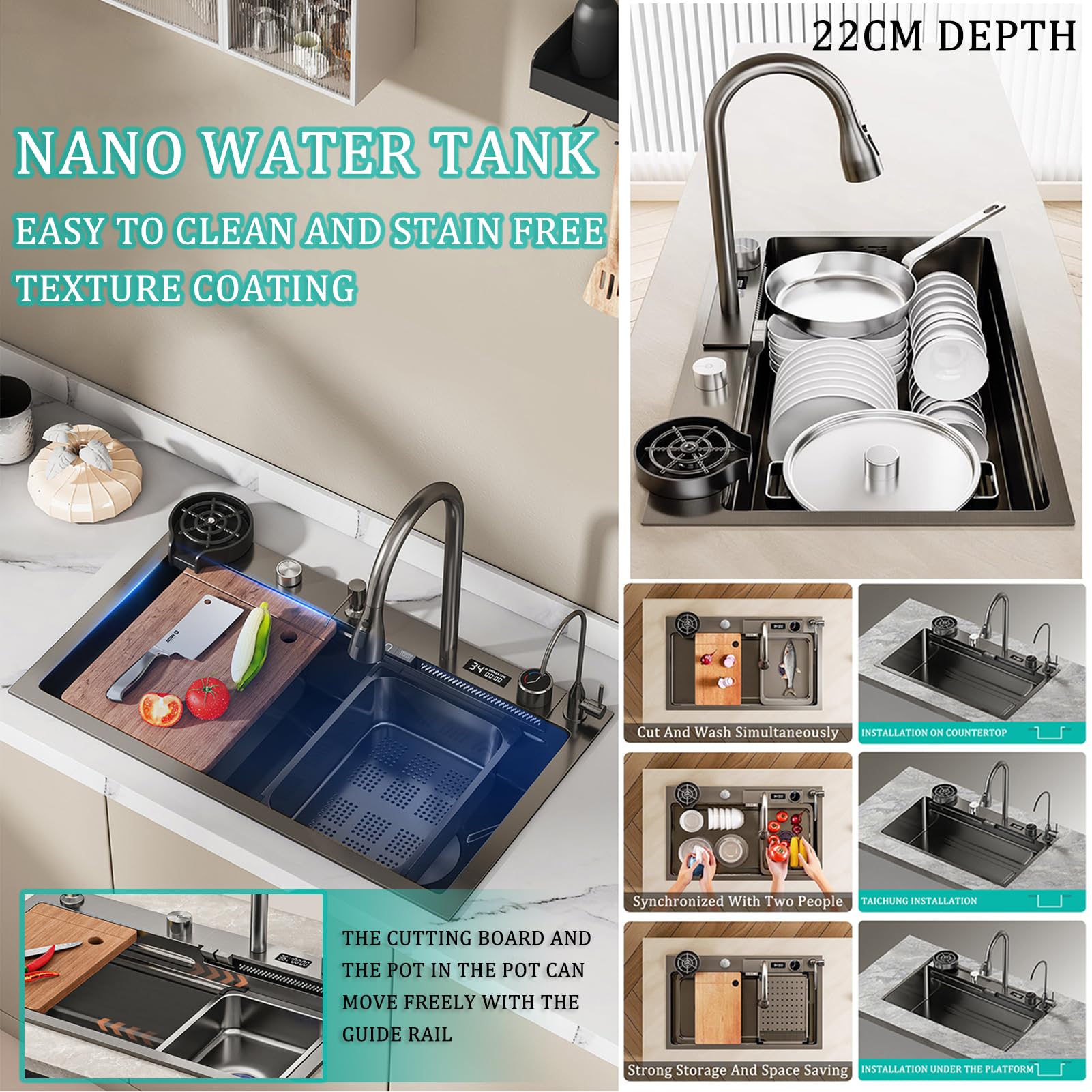 Fregadero de Cocina Moderno de un Solo Seno de Acero Inoxidable 304 Negro para instalación bajo encimera, con Grifo Tipo Cascada y Accesorios.