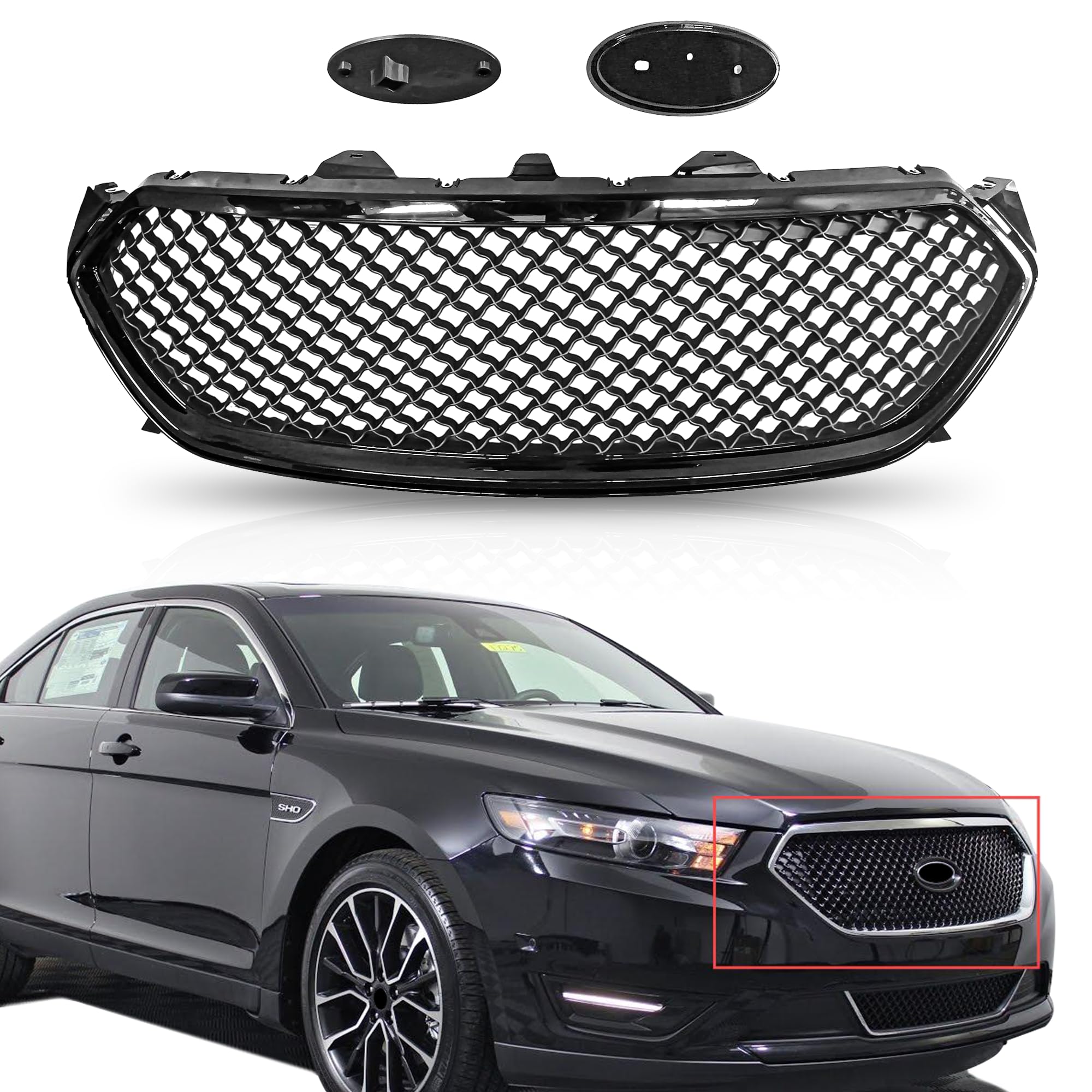 UnayKolb Front Upper Grille Gloss Black Fits 2013-2019 Ford Taurus Fits 2013 2014 2015 2016 2017 2018 2019 Ford Taurus