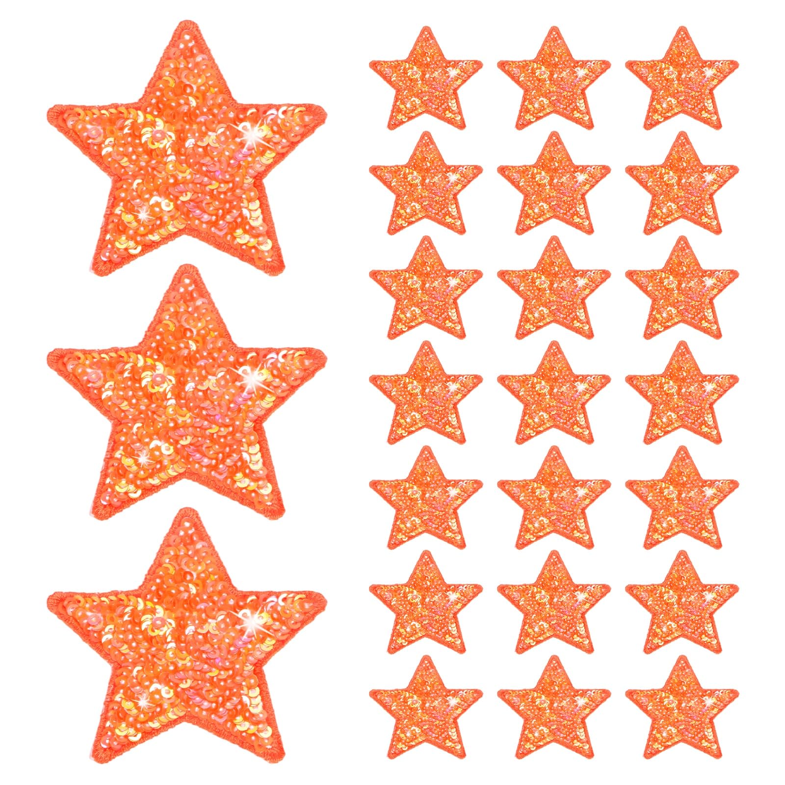 M METERXITY 24-Pack Sequin Star Iron Patches, 2.4x2.4in/6x6cm Colorful Shiny Patches Embroidery for Clothes/Hats/Bags/DIY/Repair Hole, Glitter Star Applique Sewing Patch [Orange]