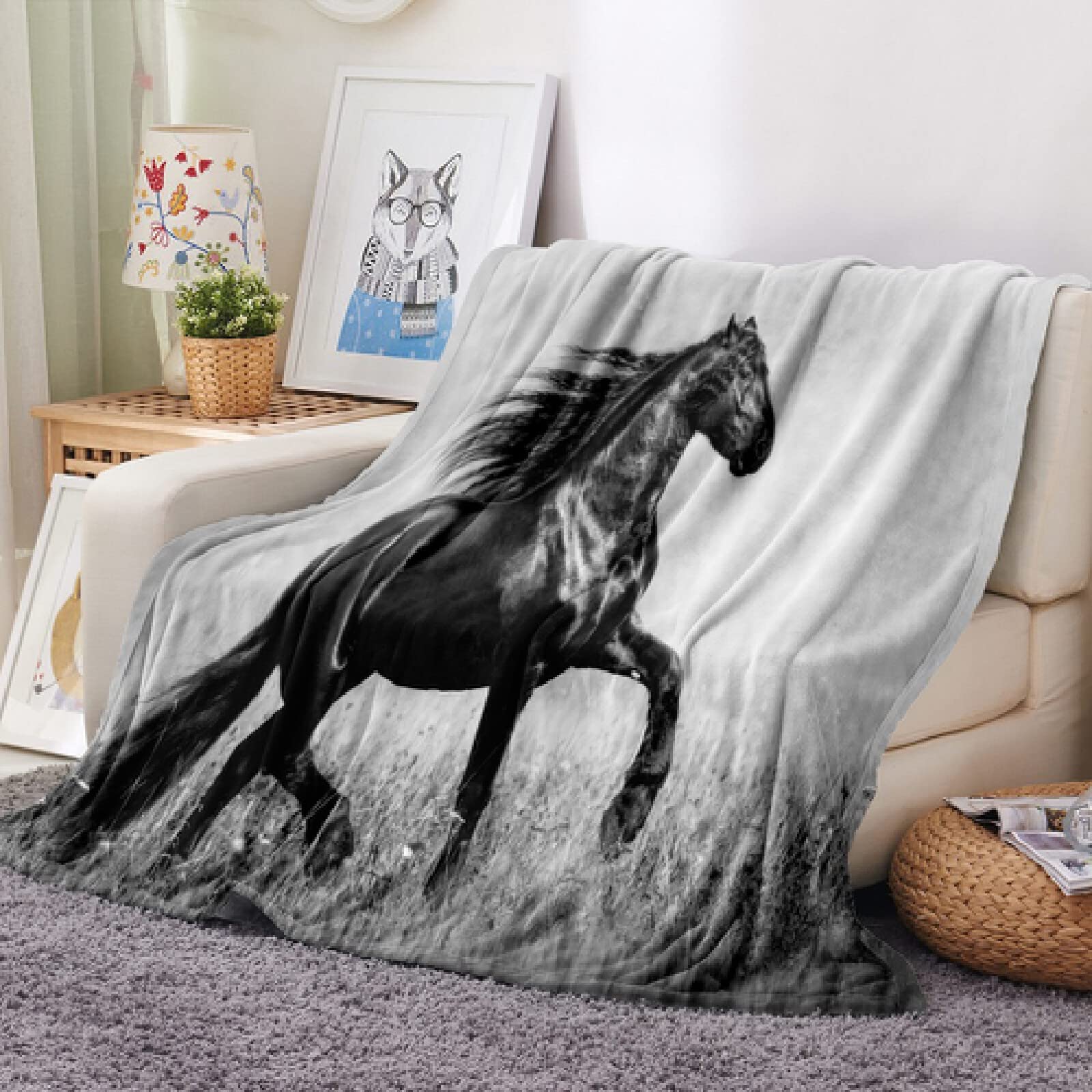 Felice cavallo calore animale coperta spessa quattro stagioni stampa 3D bambini viaggio a casa picnic morbida coperta di flanella sul divano-120x80 cm