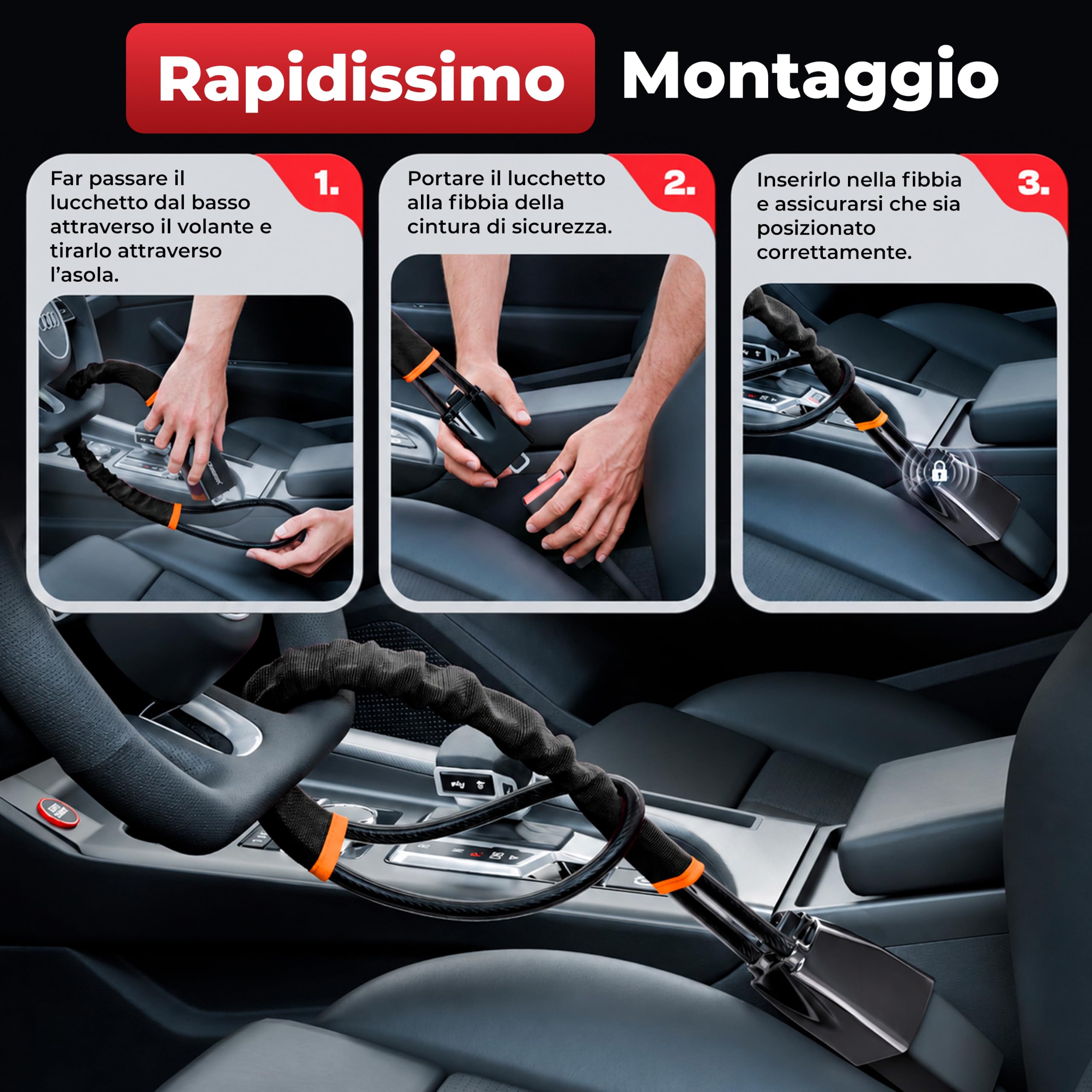HELDENWERK® Artiglio volante per auto e camper in metallo – Misura universale – Blocco volante con corda d'acciaio spessa – Immobilizzatore antifurto con 3 chiavi di sicurezza (nero)
