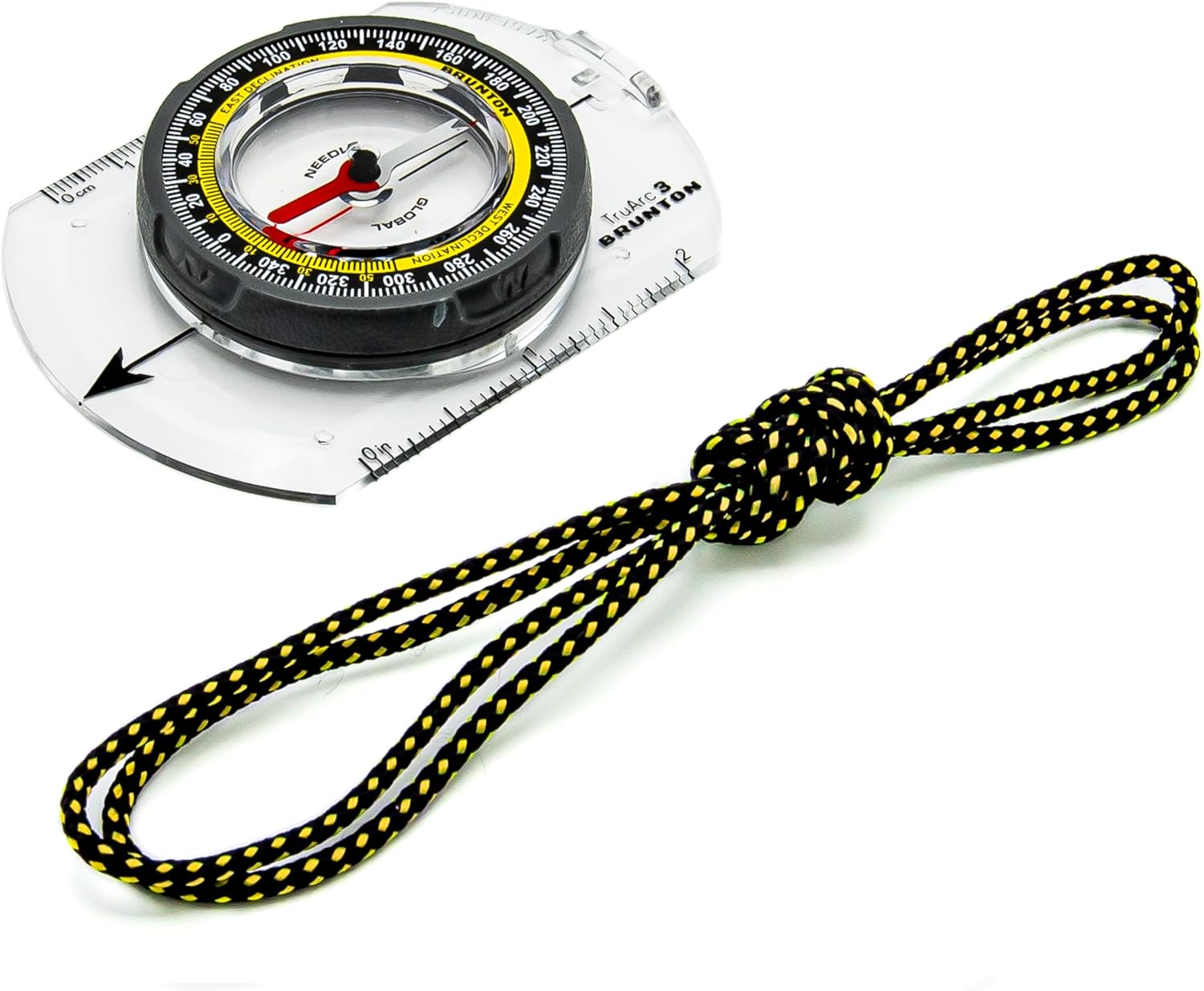 Brunton TruArc 3 compass with a black and yellow lanyard attached.