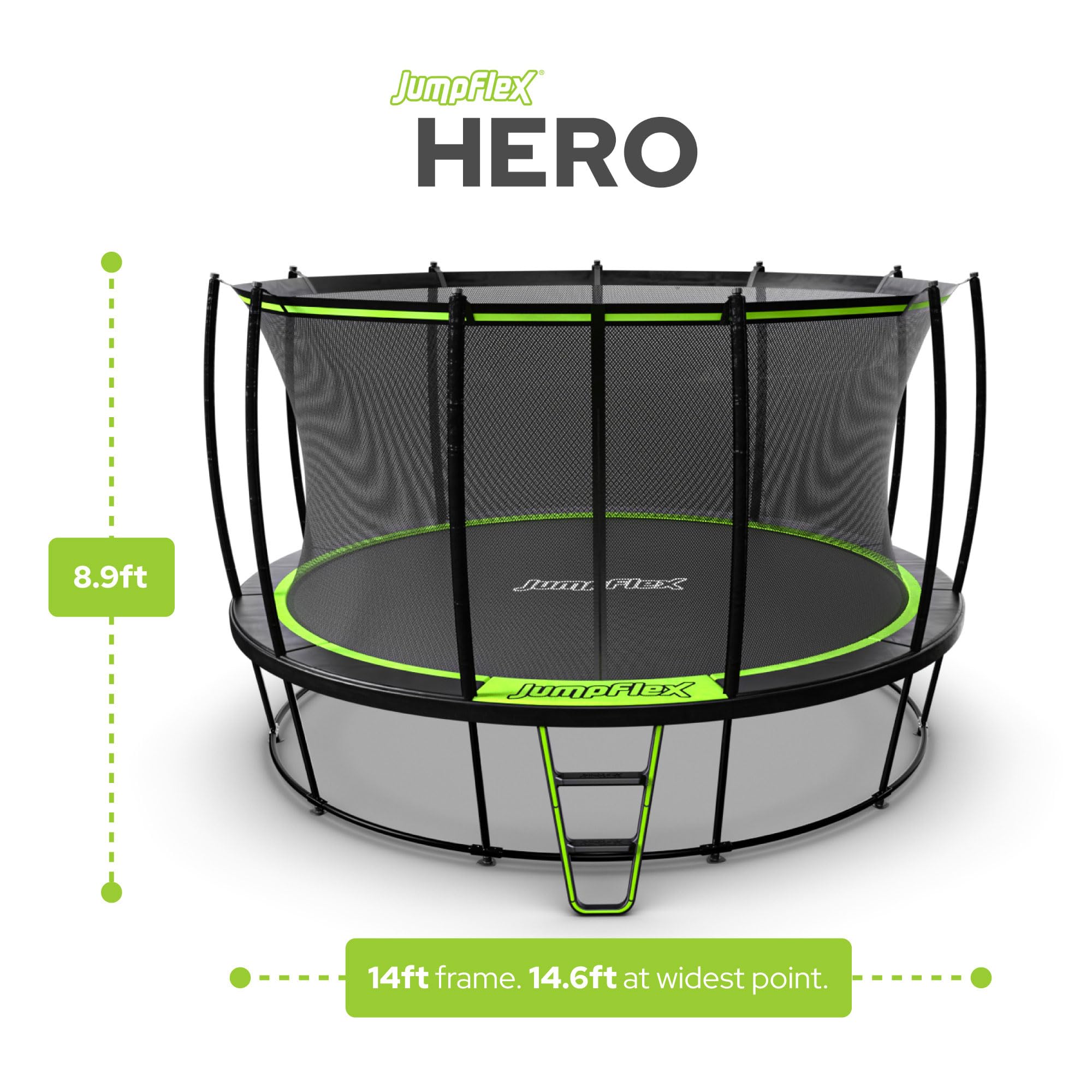 JumpFlex Hero Round Outdoor Backyard Trampoline with Net Safety Enclosure and Ladder, 14ft - Heavy-Duty Jumping Trampoline Play Equipment for Family