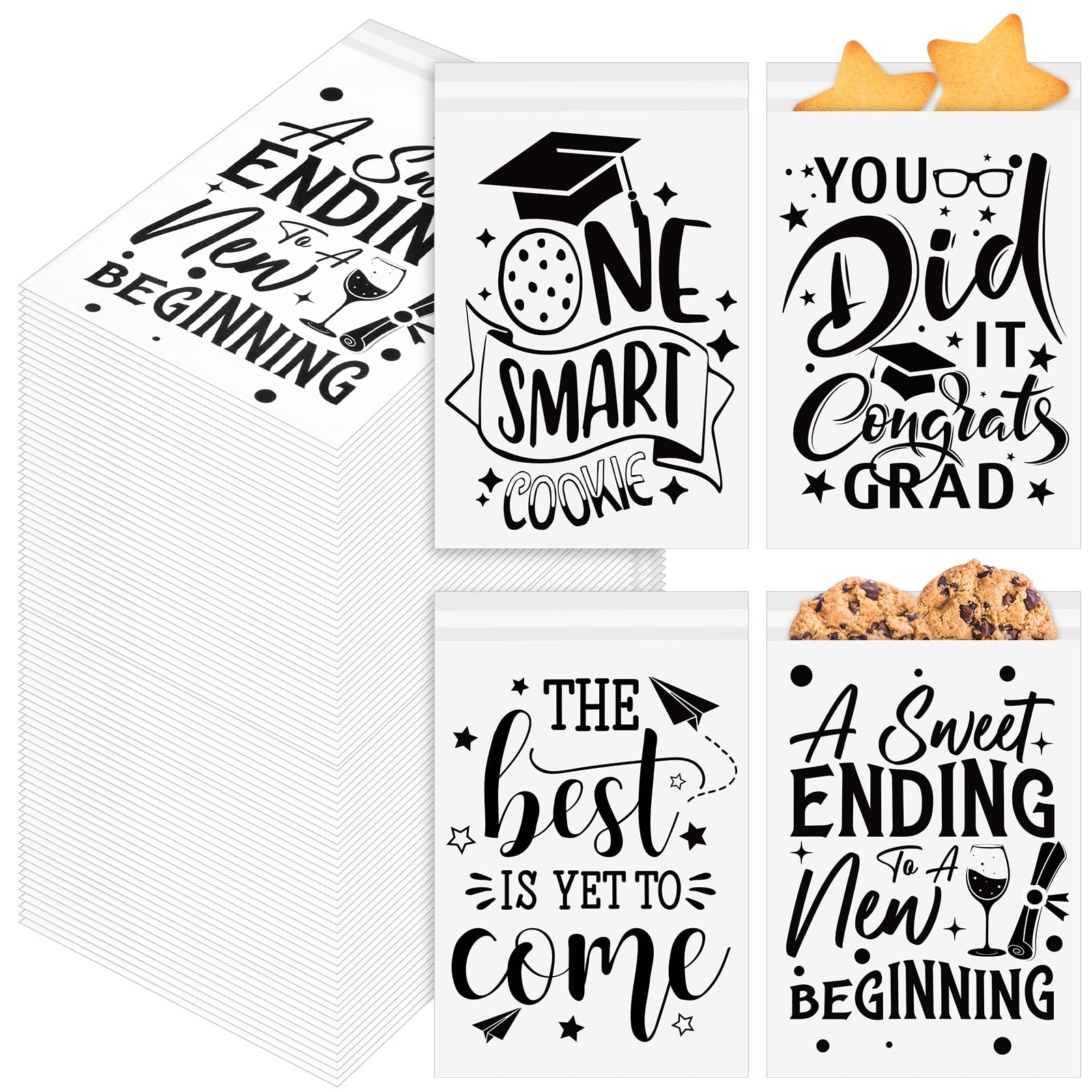 Kolldenn 200 Pcs 2026 Graduation Cookie Bags Bulk Self Adhesive Kraft Paper Food Safe & Oilproof Grad One Smart Cookie Gift Bags for Grad Party,Bakery
