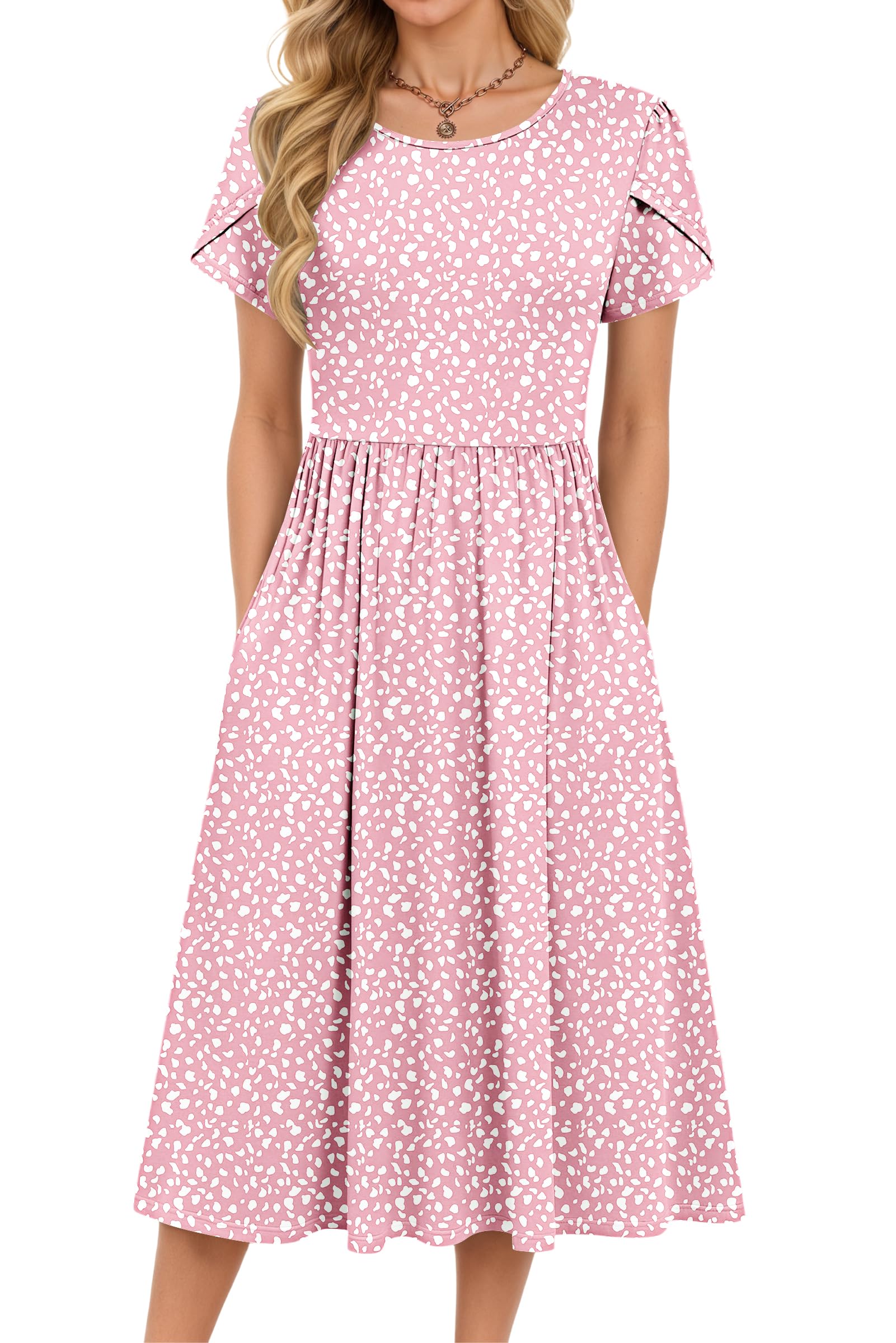 MOLERANI Damen Sommerkleider - Kurzarm Rundhals Midikleid Knielang Freizeitkleider Lose A-Linie Kleider mit Tasche