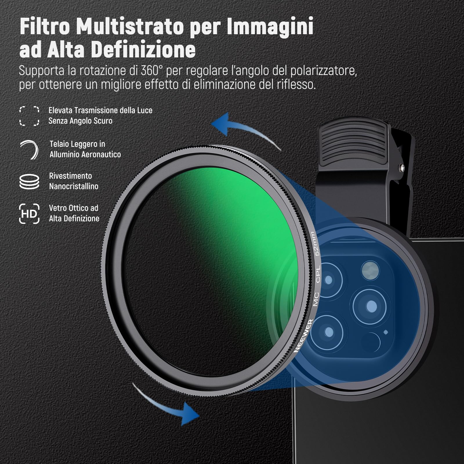 Filtro CPL Clip Per Smartphone - 52 Mm, Vetro Ottico, Polarizzatore Per Foto Senza Riflessi - Foto 2