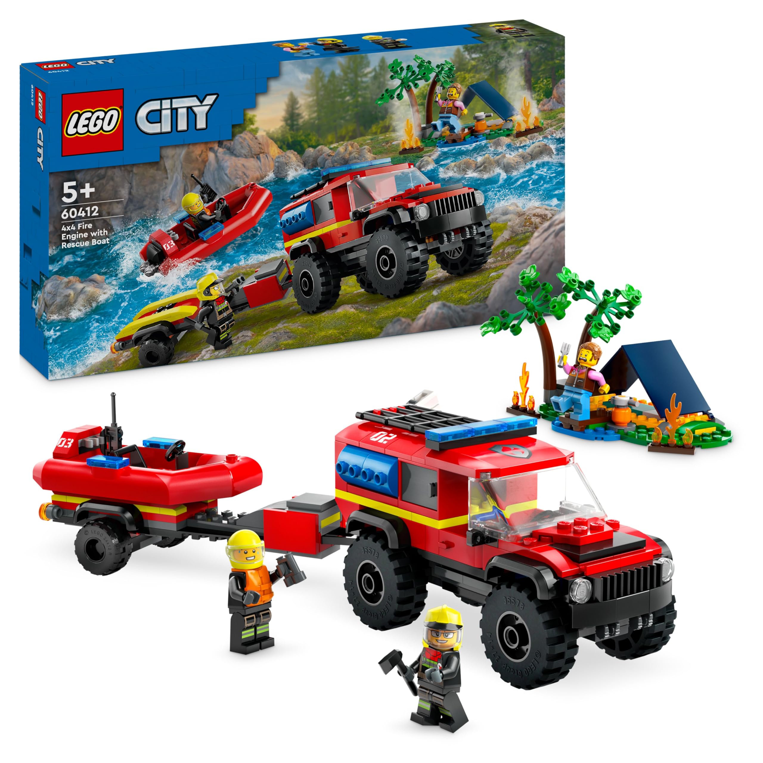 LEGOCity 4x4 Fire Engine with Rescue Boat Building Toys for 5 Plus Year Old Boys & Girls, Imaginative Play Set Includes a Dinghy, Trailer, Tent, Camper and 2 Firefighter Minifigures, Gift Idea 60412