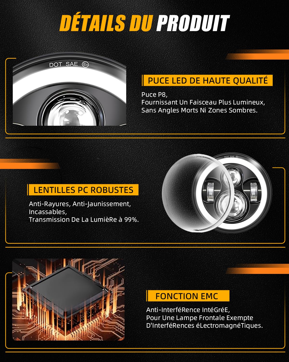 BraveWAY Phare Led 7 Pouces 80W 15000LM, 4 Modes Eclairages 4 Lentilles Angel Eyes, Dot Approuvé Hi Lo Beam Avec Drl Ambre Blanc, Câble H4-H13 Compatible Avec Wrangler Jk TJ LJ CJ Hummber H1 H2