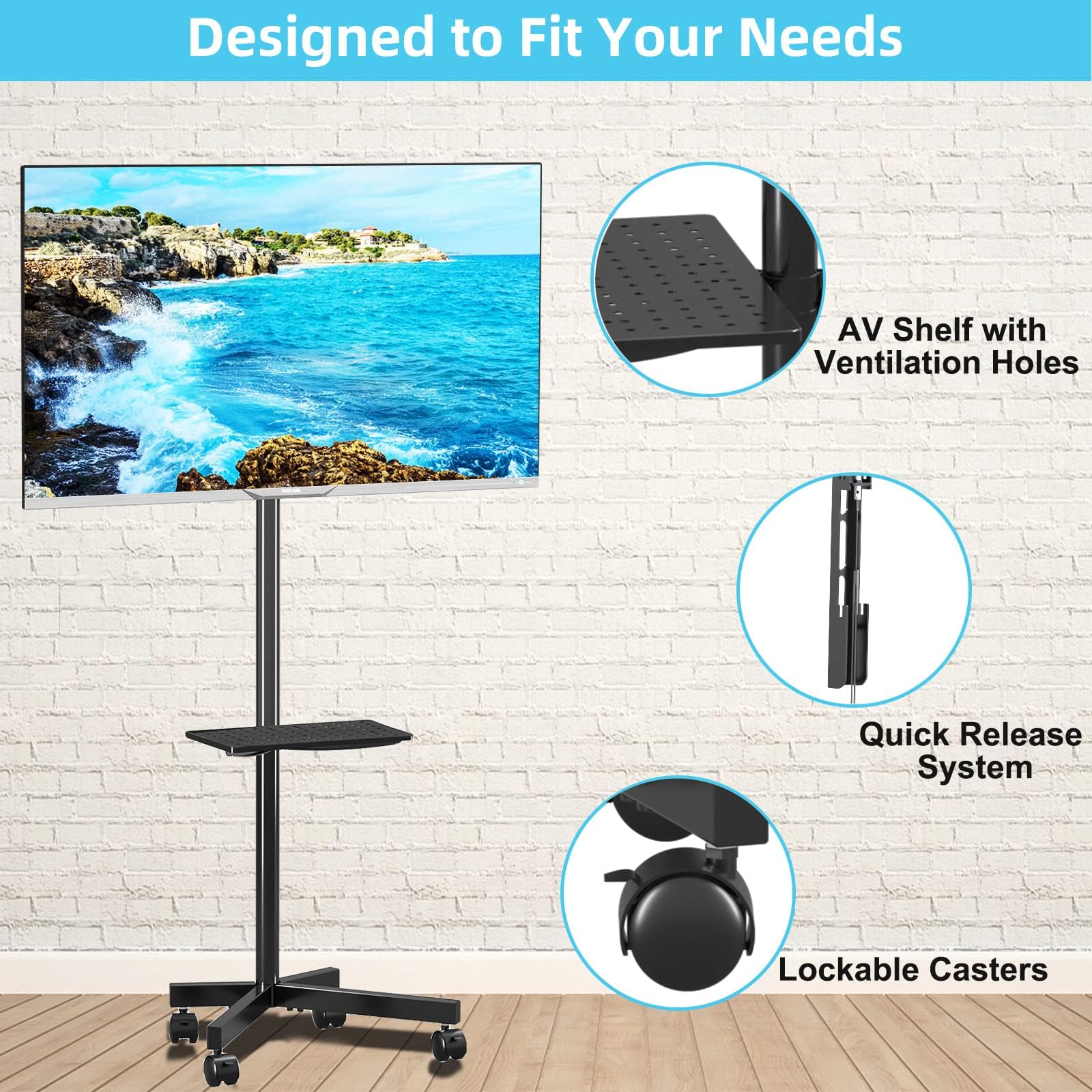 TABOJS TV Móvil con Ruedas, Soporte Portátil para Pantallas Planas/Curvas de 21-60" hasta 35kg, Soporte para TV de Altura Ajustable con VESA 400x400 mm, Soporte para TV con Ruedas para Fácil