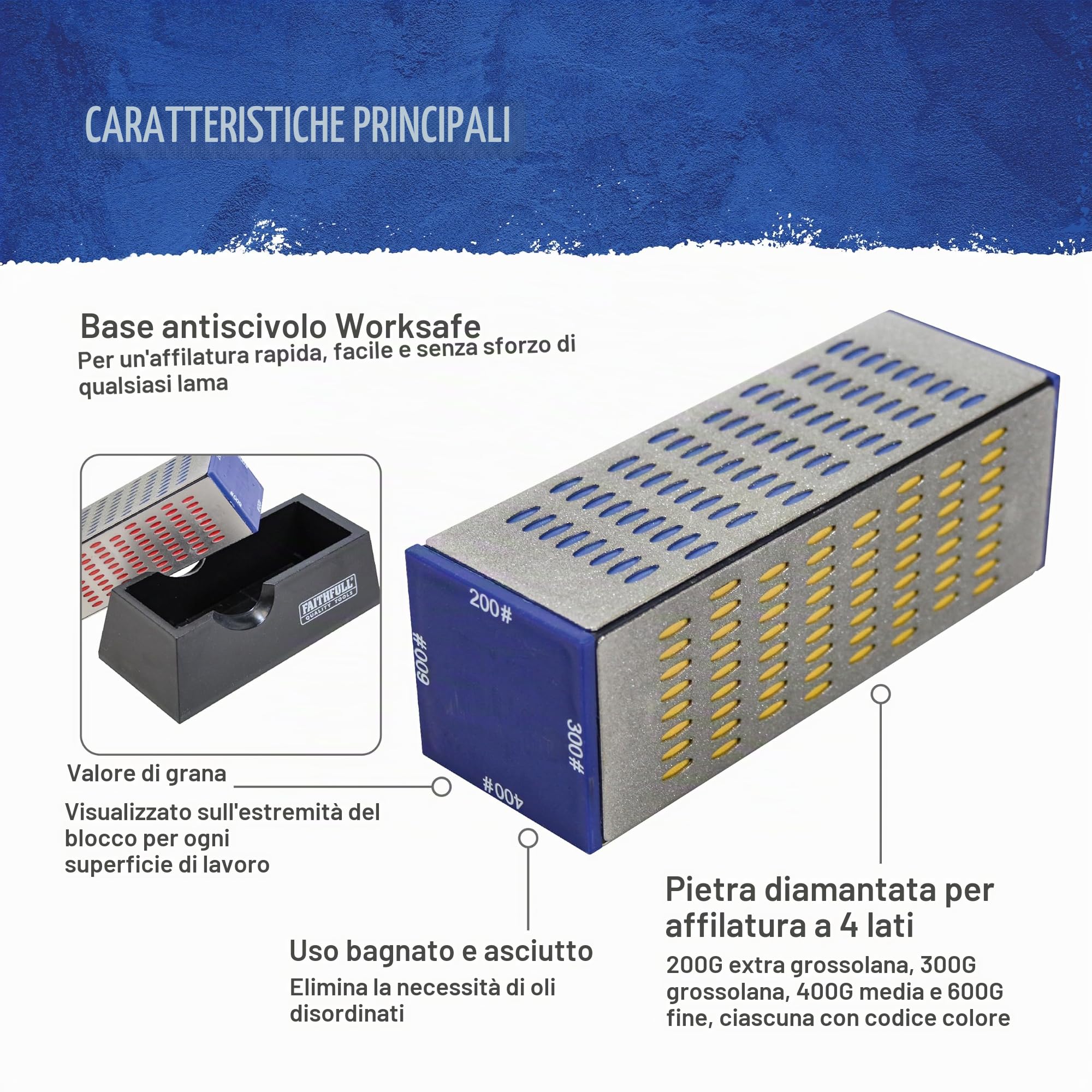 Pietra per affilatura diamantata Faithfull a 4 lati - Affilatrice per coltelli e utensili a grana quadrupla con base antiscivolo, grana 200G / 300G / 400G / 600G per scalpelli, pialle, forbici e lame