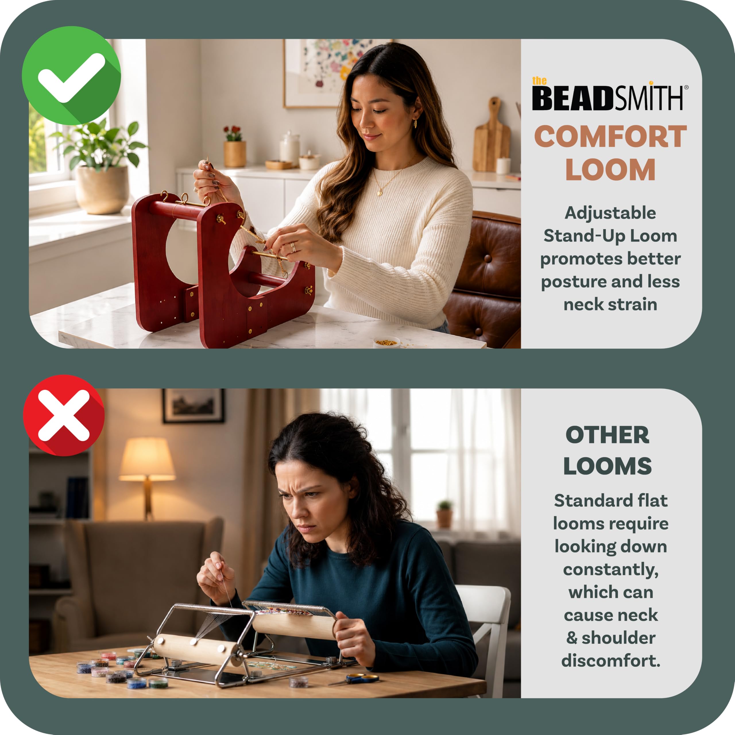 The Beadsmith ComfortLoom - Telar de cuentas ajustable con 4 ajustes de longitud, diseño ergonómico en ángulo, área de trabajo de 19 a 26,7 cm, incluye instrucciones ilustradas y patrón de pulsera