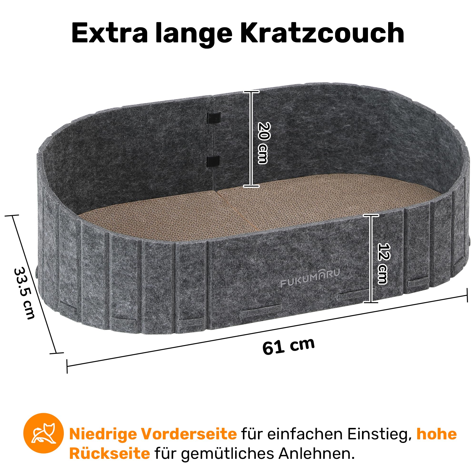 FUKUMARU Kratzbrett für Katzen, 61 cm Kratzpappe in Sofa-Form, Umkehrbares Katzenbett, Runde Kratzpads aus hochwertiger Filz und Karton, Dunkelgrau.