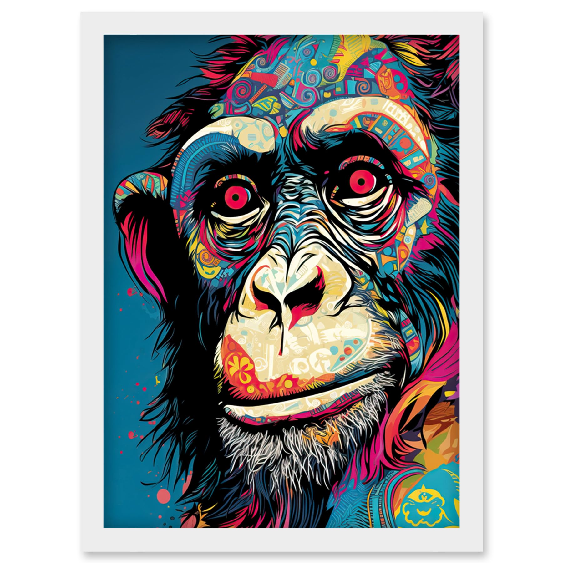 Artery8 Chimpanzee Acrylic Painting Vibrant Psychedelic Pattern Portrait Modern Artwork Framed Wall Art Print A4